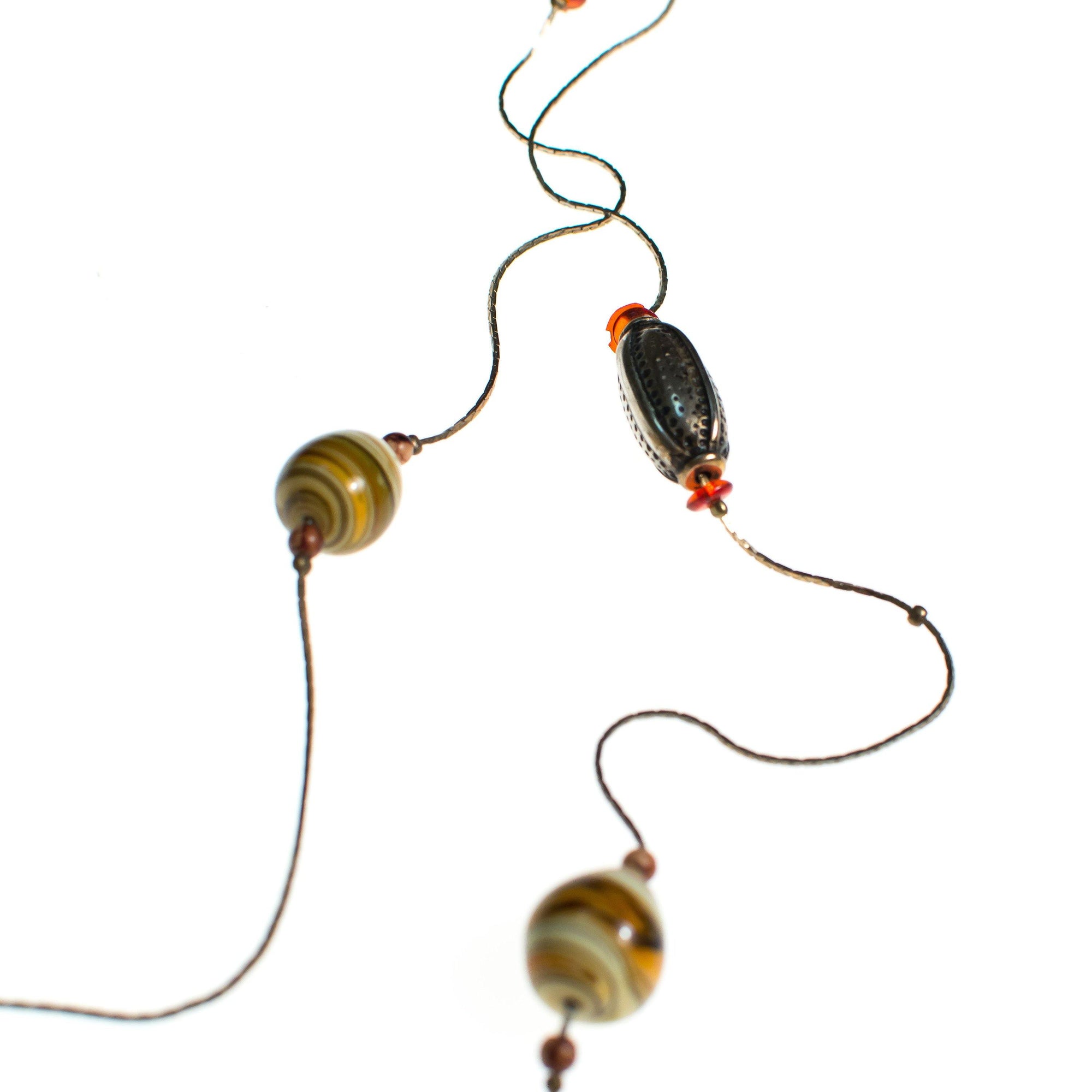 Vintage Sautoir Length Silver Necklace with Blown Glass Beads in Earth Tones by 1980s - Vintage Meet Modern Vintage Jewelry - Chicago, Illinois - #oldhollywoodglamour #vintagemeetmodern #designervintage #jewelrybox #antiquejewelry #vintagejewelry