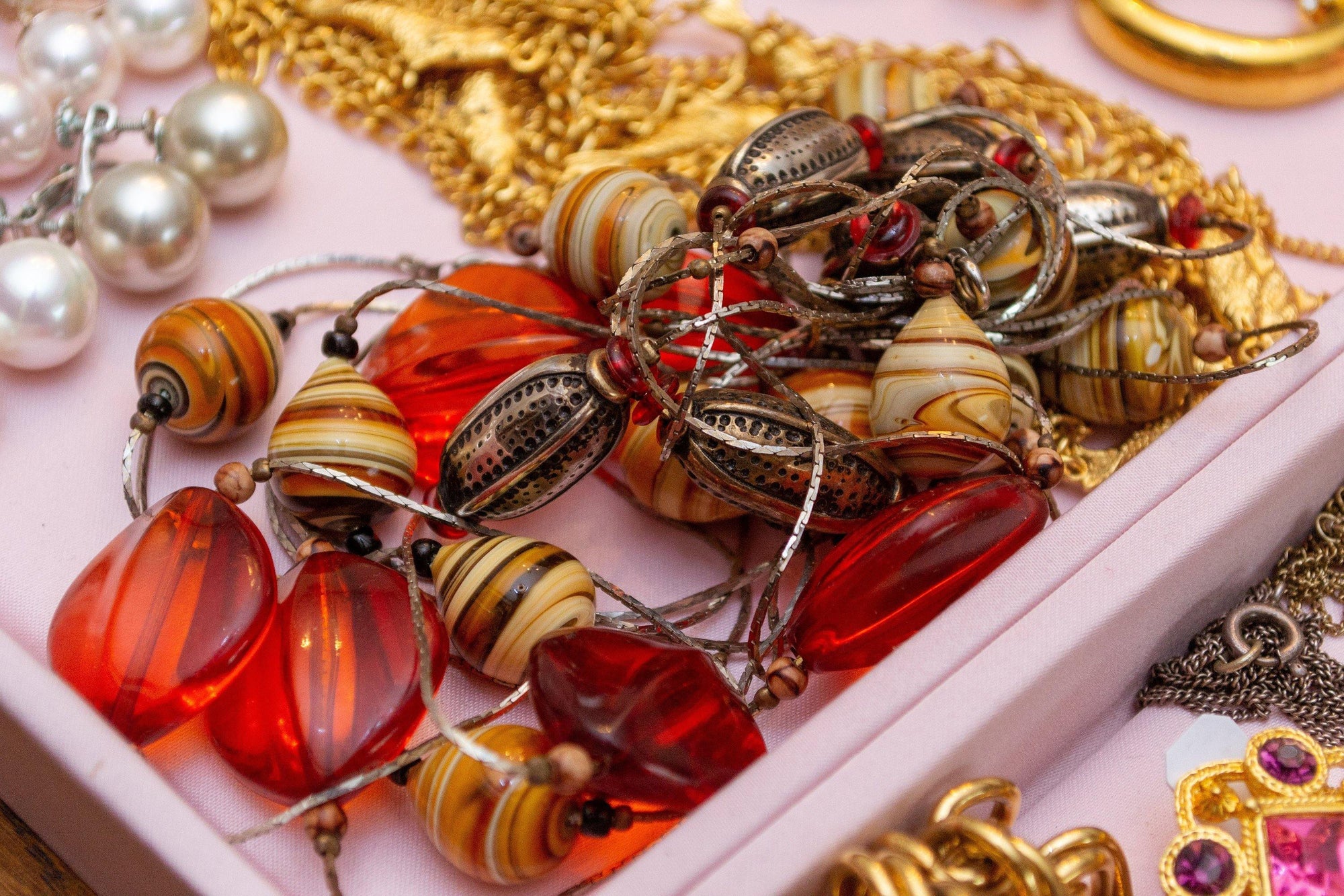 Vintage Sautoir Length Silver Necklace with Blown Glass Beads in Earth Tones by 1980s - Vintage Meet Modern Vintage Jewelry - Chicago, Illinois - #oldhollywoodglamour #vintagemeetmodern #designervintage #jewelrybox #antiquejewelry #vintagejewelry