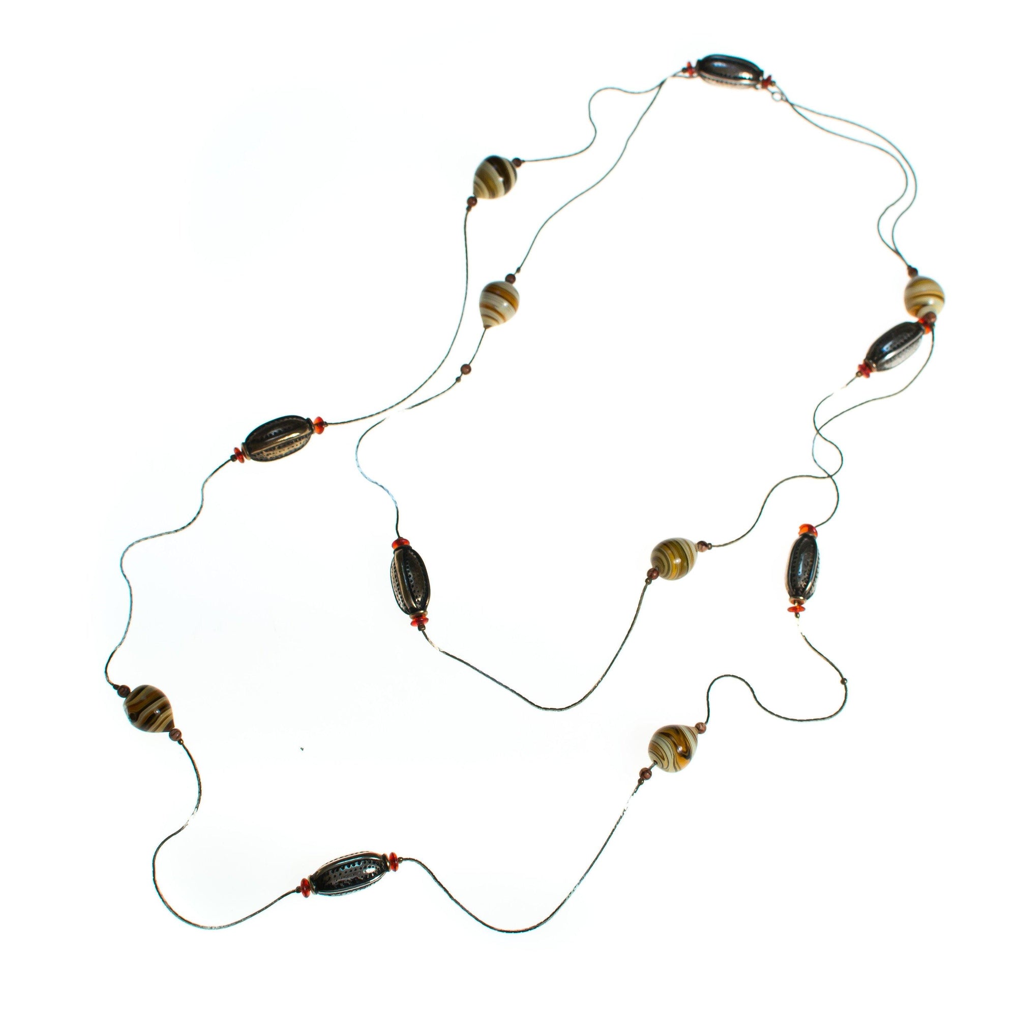 Vintage Sautoir Length Silver Necklace with Blown Glass Beads in Earth Tones by 1980s - Vintage Meet Modern Vintage Jewelry - Chicago, Illinois - #oldhollywoodglamour #vintagemeetmodern #designervintage #jewelrybox #antiquejewelry #vintagejewelry