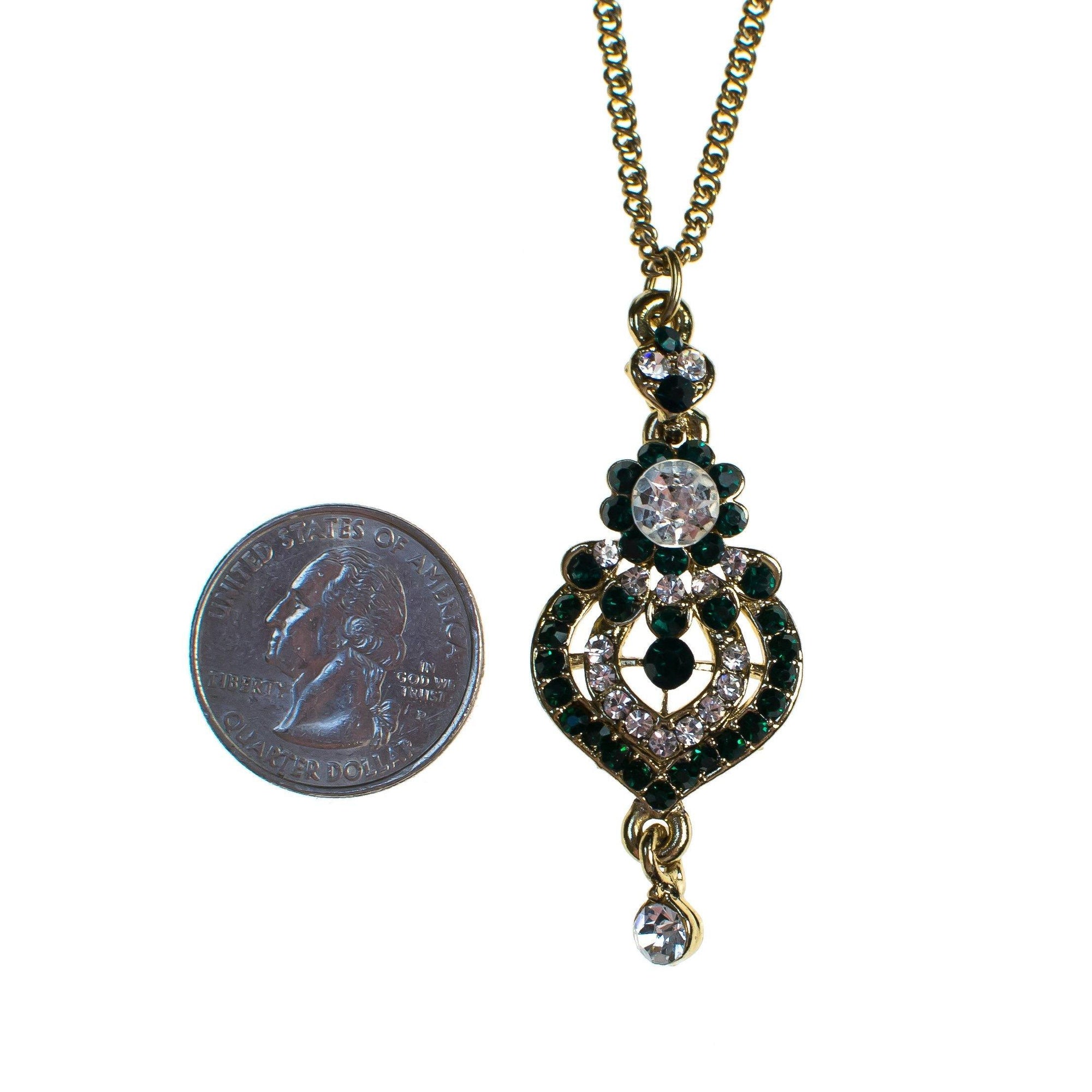 Vintage Renaissance Revival Emerald and Diamante Crystal Pendant Necklace by 1990s - Vintage Meet Modern Vintage Jewelry - Chicago, Illinois - #oldhollywoodglamour #vintagemeetmodern #designervintage #jewelrybox #antiquejewelry #vintagejewelry