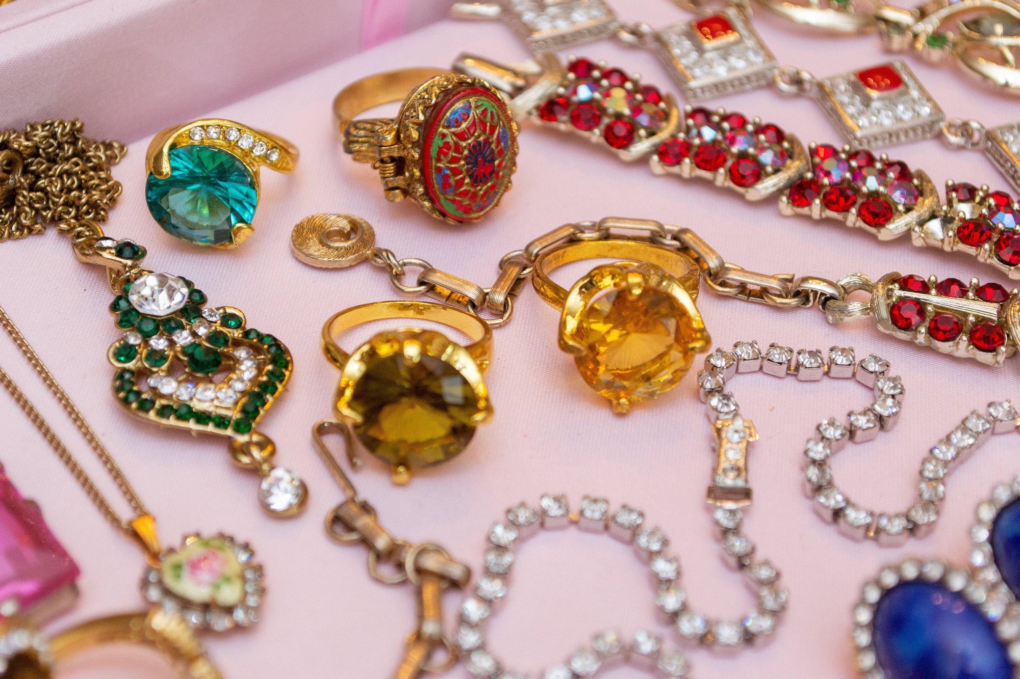 Vintage Renaissance Revival Emerald and Diamante Crystal Pendant Necklace by 1990s - Vintage Meet Modern Vintage Jewelry - Chicago, Illinois - #oldhollywoodglamour #vintagemeetmodern #designervintage #jewelrybox #antiquejewelry #vintagejewelry