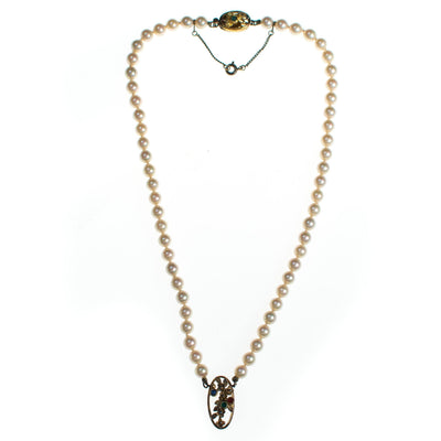 Vintage Faux Pearl Necklace with Sterling Silver Floral Pendant with Garnet, Lapis, and Green Tourmaline by Pearls - Vintage Meet Modern Vintage Jewelry - Chicago, Illinois - #oldhollywoodglamour #vintagemeetmodern #designervintage #jewelrybox #antiquejewelry #vintagejewelry