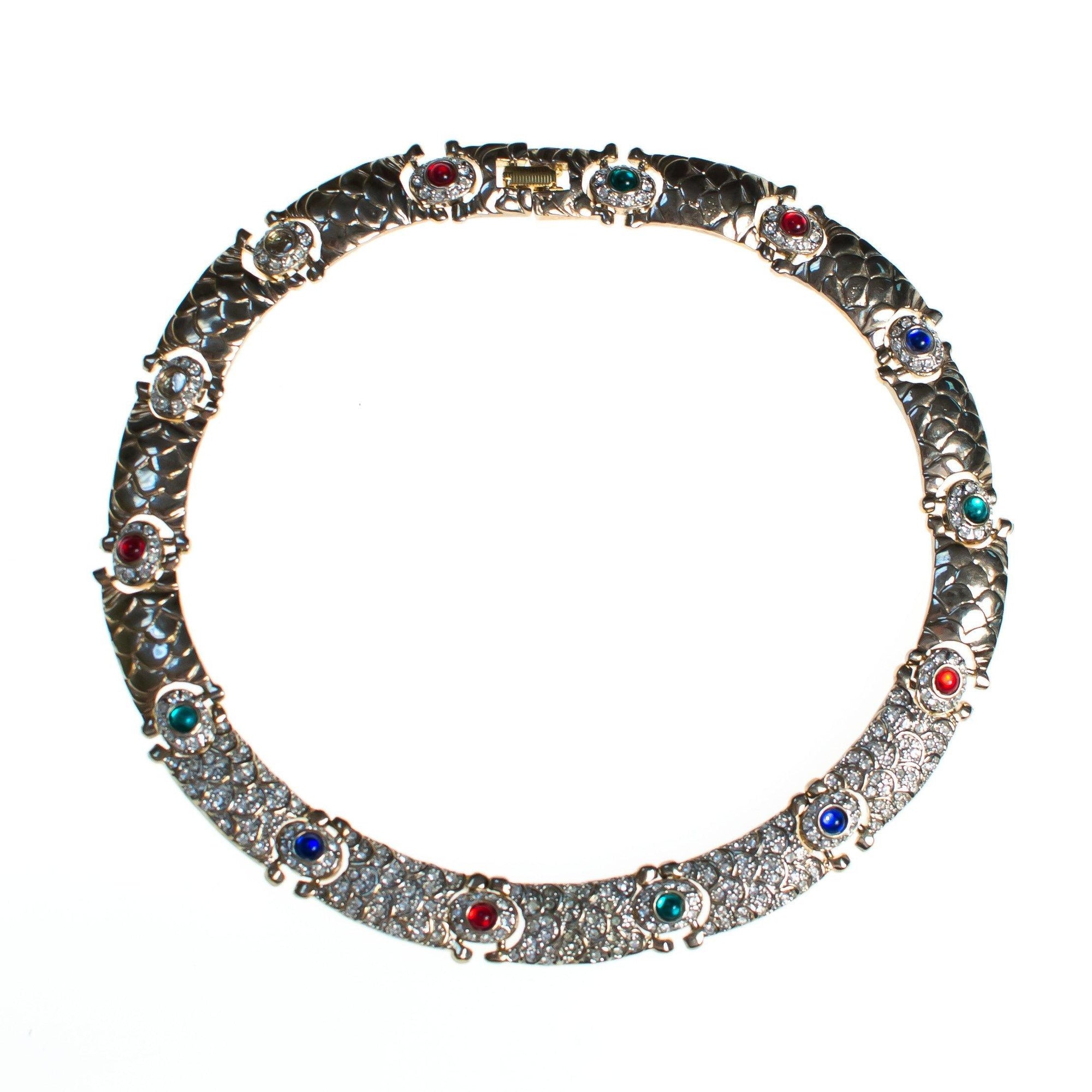 Vintage 1980s Art Deco Style Collar Necklace with Jewel Tone Cabochons and Diamante Crystal Rhinestones by 1980s - Vintage Meet Modern Vintage Jewelry - Chicago, Illinois - #oldhollywoodglamour #vintagemeetmodern #designervintage #jewelrybox #antiquejewelry #vintagejewelry