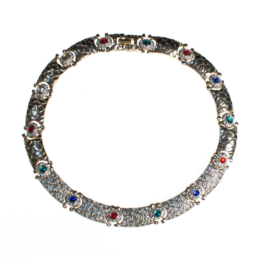 Vintage 1980s Art Deco Style Collar Necklace with Jewel Tone Cabochons and Diamante Crystal Rhinestones by 1980s - Vintage Meet Modern Vintage Jewelry - Chicago, Illinois - #oldhollywoodglamour #vintagemeetmodern #designervintage #jewelrybox #antiquejewelry #vintagejewelry