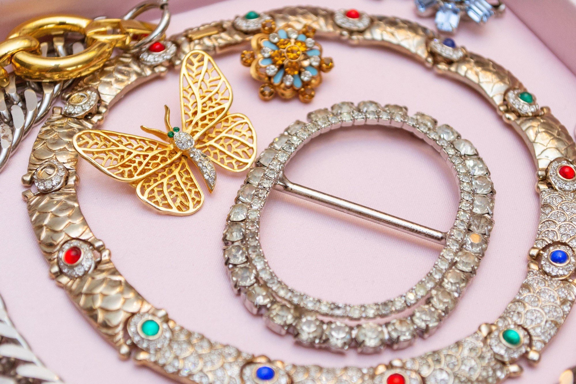 Vintage 1980s Art Deco Style Collar Necklace with Jewel Tone Cabochons and Diamante Crystal Rhinestones by 1980s - Vintage Meet Modern Vintage Jewelry - Chicago, Illinois - #oldhollywoodglamour #vintagemeetmodern #designervintage #jewelrybox #antiquejewelry #vintagejewelry