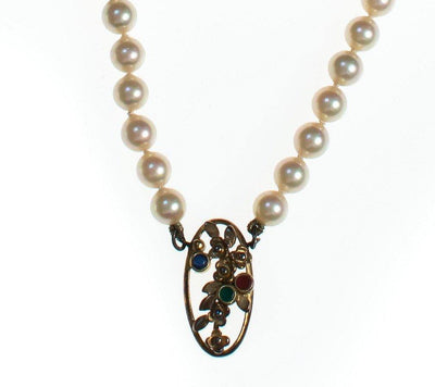 Vintage Faux Pearl Necklace with Sterling Silver Floral Pendant with Garnet, Lapis, and Green Tourmaline by Pearls - Vintage Meet Modern Vintage Jewelry - Chicago, Illinois - #oldhollywoodglamour #vintagemeetmodern #designervintage #jewelrybox #antiquejewelry #vintagejewelry