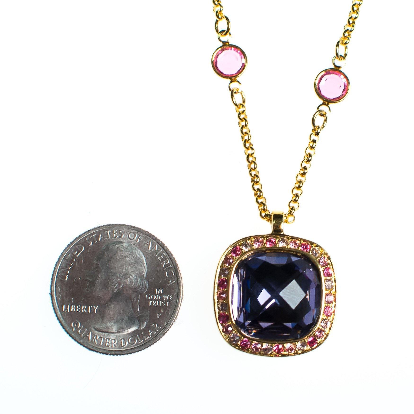 Vintage Kenneth Jay Lane Necklace and Pendant, Pink Rhinestones, Purple Rhinestones, Clear Rhinestones, Gold Tone Necklace, Lobster Clasp by Kenneth Jay Lane - Vintage Meet Modern Vintage Jewelry - Chicago, Illinois - #oldhollywoodglamour #vintagemeetmodern #designervintage #jewelrybox #antiquejewelry #vintagejewelry