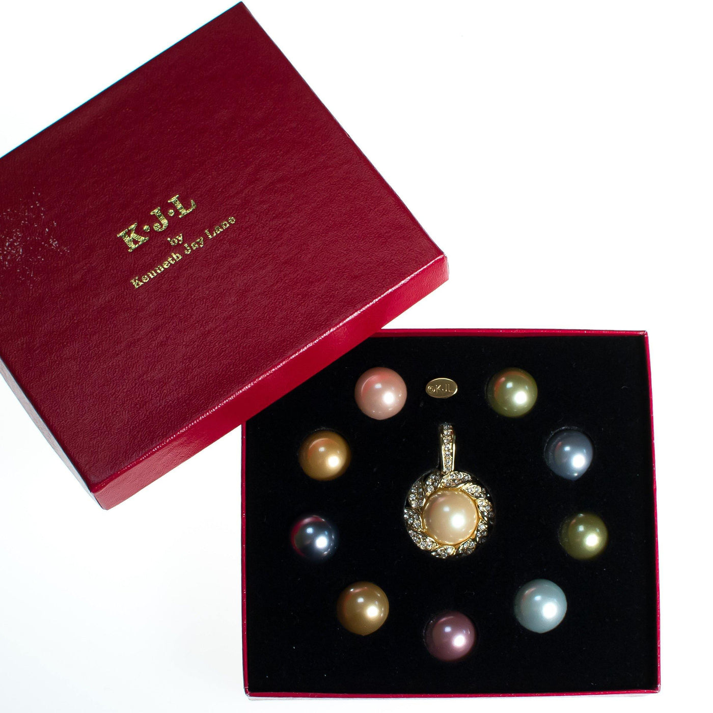 Vintage Kenneth Jay Lane Pendant Pastel Interchangeable Faux Pearls, Diamante Crystals, Gold Tone Setting