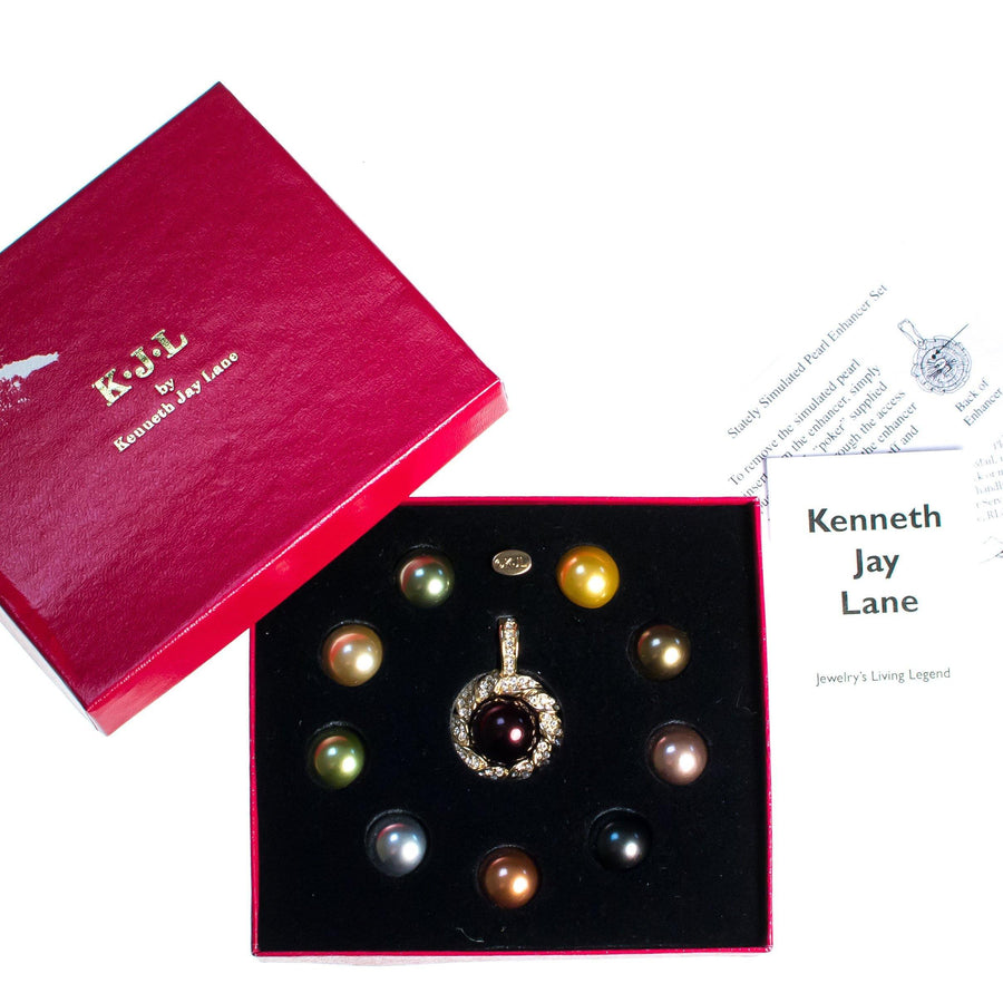 Vintage Kenneth Jay Lane Pendant, Black Pearl, Earth Tone Interchangeable Faux Pearls, Diamante Crystals, Gold Tone Setting by Kenneth Jay Lane - Vintage Meet Modern Vintage Jewelry - Chicago, Illinois - #oldhollywoodglamour #vintagemeetmodern #designervintage #jewelrybox #antiquejewelry #vintagejewelry