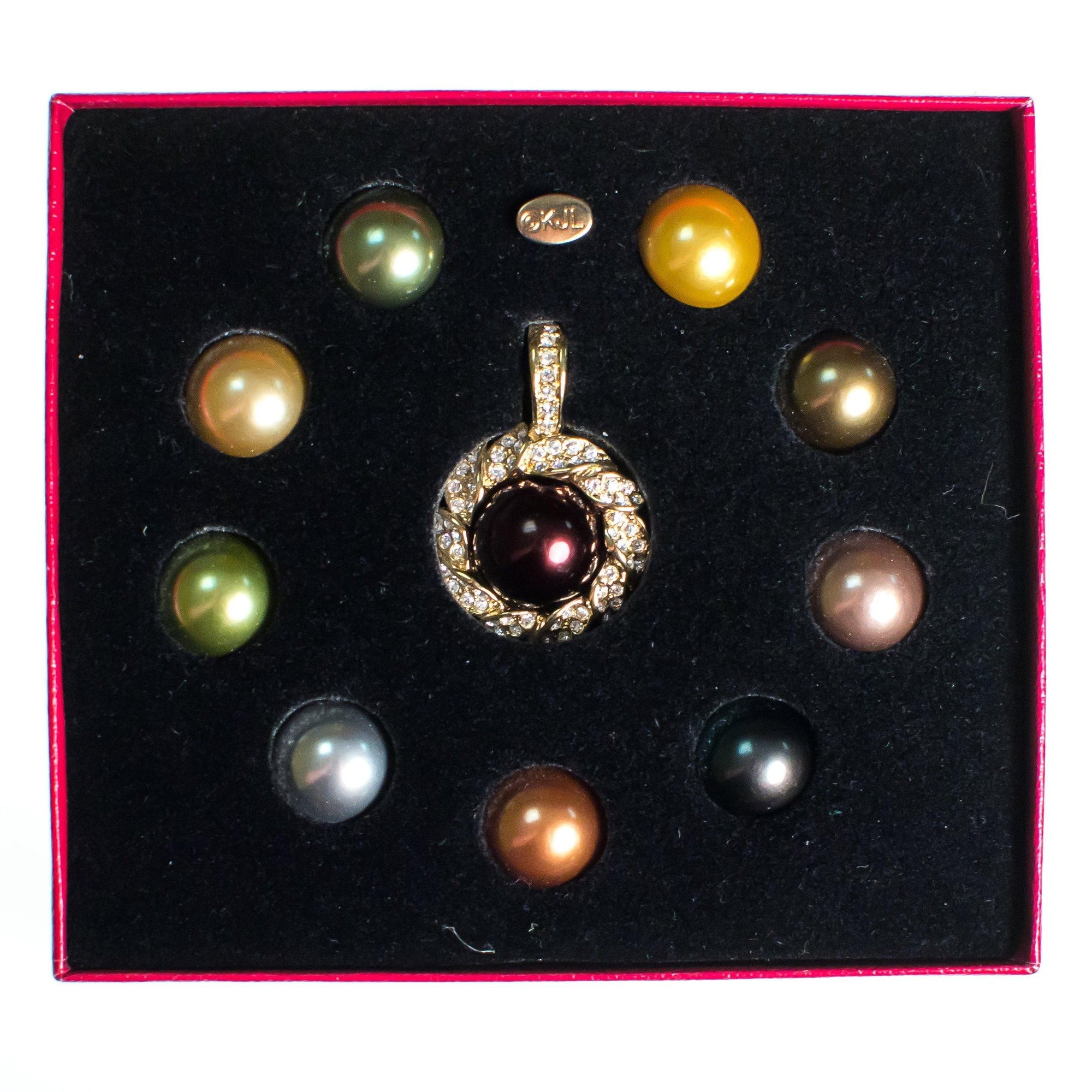 Vintage Kenneth Jay Lane Pendant, Black Pearl, Earth Tone Interchangeable Faux Pearls, Diamante Crystals, Gold Tone Setting by Kenneth Jay Lane - Vintage Meet Modern Vintage Jewelry - Chicago, Illinois - #oldhollywoodglamour #vintagemeetmodern #designervintage #jewelrybox #antiquejewelry #vintagejewelry