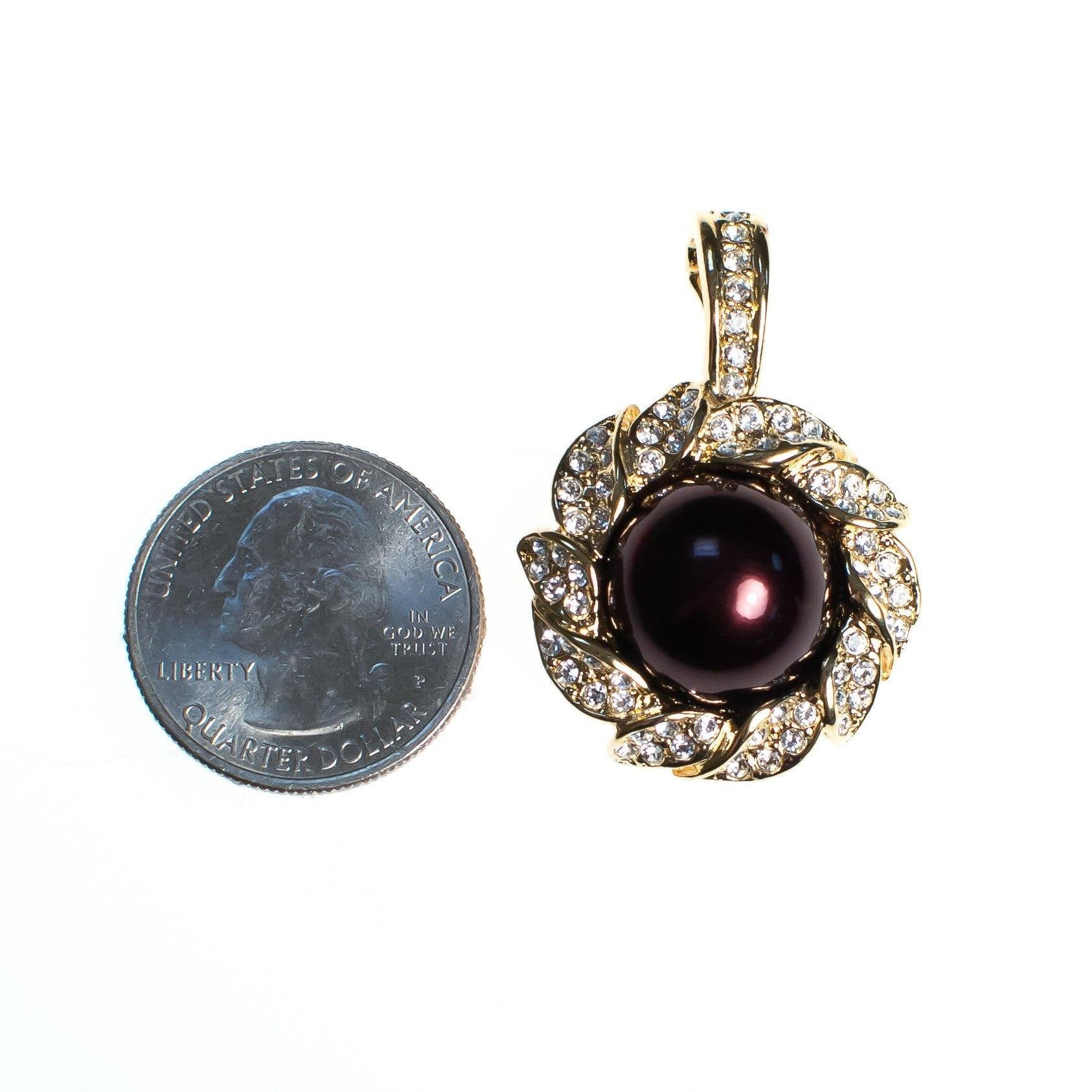 Vintage Kenneth Jay Lane Pendant, Black Pearl, Earth Tone Interchangeable Faux Pearls, Diamante Crystals, Gold Tone Setting by Kenneth Jay Lane - Vintage Meet Modern Vintage Jewelry - Chicago, Illinois - #oldhollywoodglamour #vintagemeetmodern #designervintage #jewelrybox #antiquejewelry #vintagejewelry