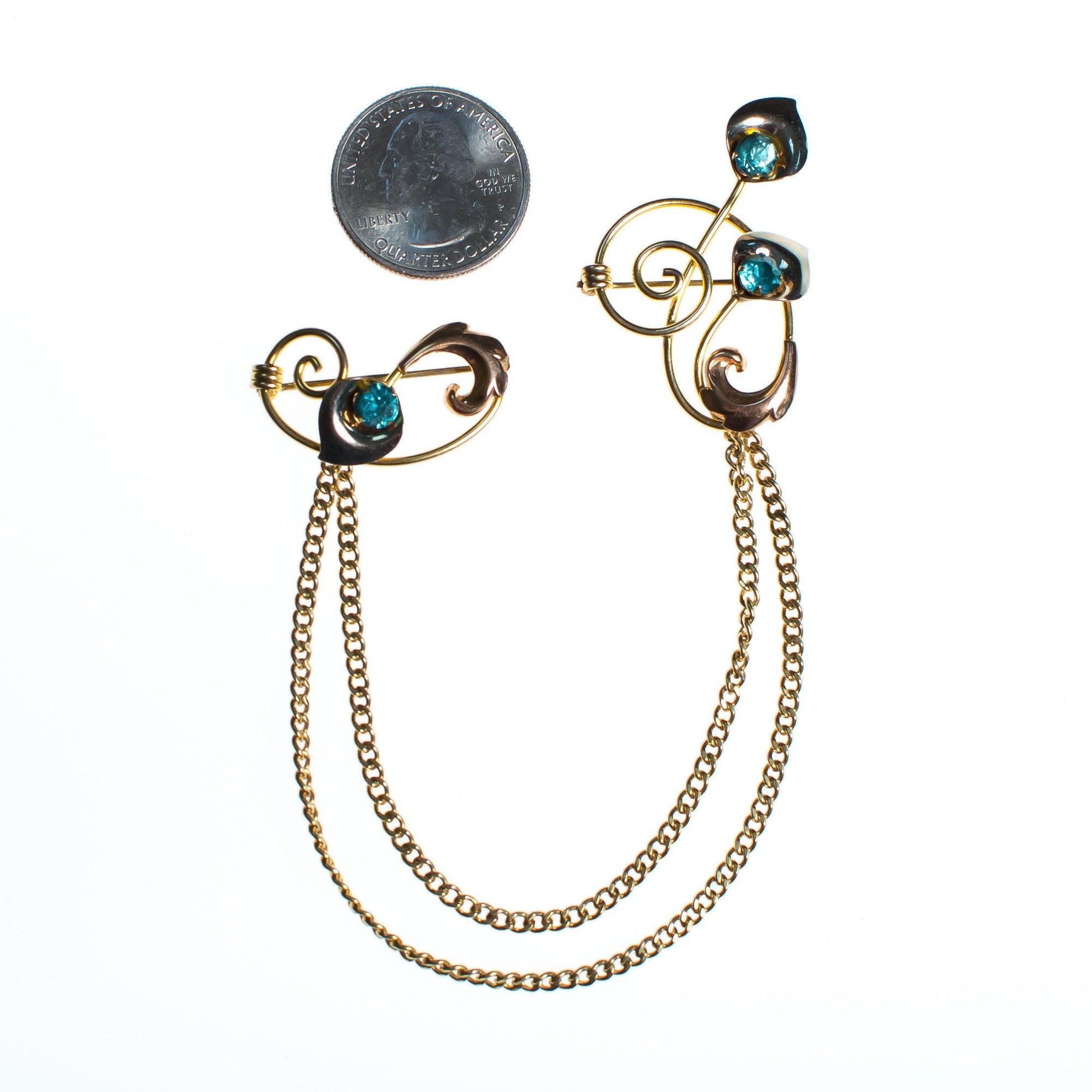 Vintage 1940s Van Dell Chatelaine Brooch, Blue Rhinestones, Gold Tone Setting, Brooches and Pins by Van Dell - Vintage Meet Modern Vintage Jewelry - Chicago, Illinois - #oldhollywoodglamour #vintagemeetmodern #designervintage #jewelrybox #antiquejewelry #vintagejewelry