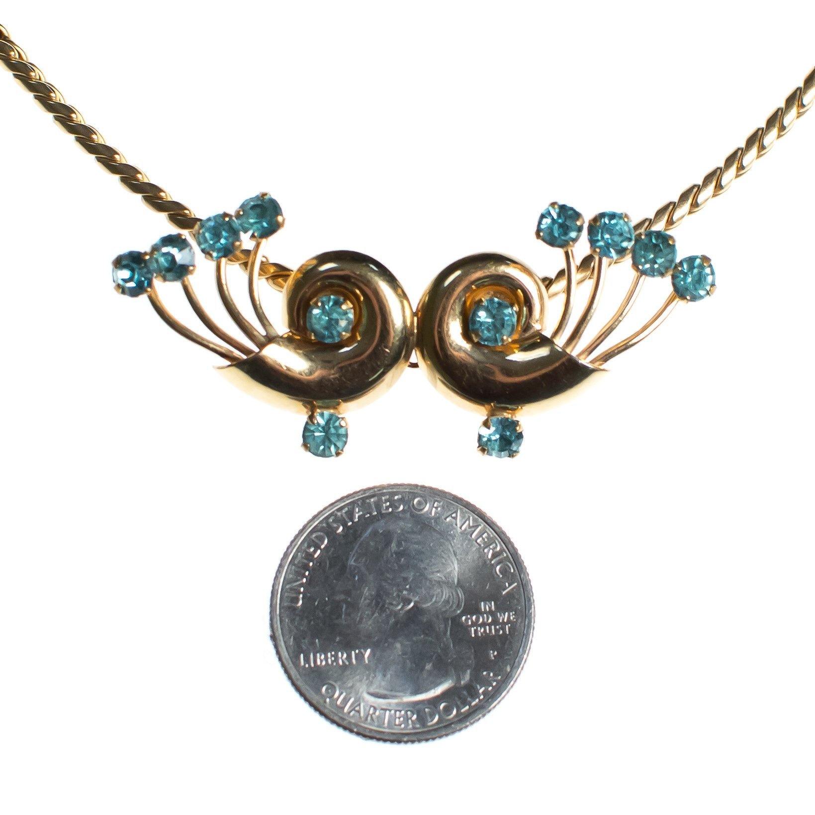 Vintage 1940s Van Dell Necklace, Blue Rhinestones, Gold Tone Necklace, Snap Clasp by Van Dell - Vintage Meet Modern Vintage Jewelry - Chicago, Illinois - #oldhollywoodglamour #vintagemeetmodern #designervintage #jewelrybox #antiquejewelry #vintagejewelry