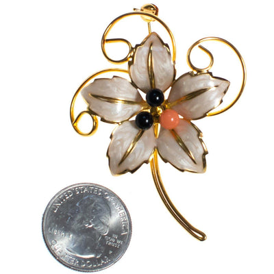 Vintage Flower White Lily Brooch, White Enamel, Black and Pink Lucite Beads, Gold Tone Setting, Brooches and Pins by 1980s - Vintage Meet Modern Vintage Jewelry - Chicago, Illinois - #oldhollywoodglamour #vintagemeetmodern #designervintage #jewelrybox #antiquejewelry #vintagejewelry