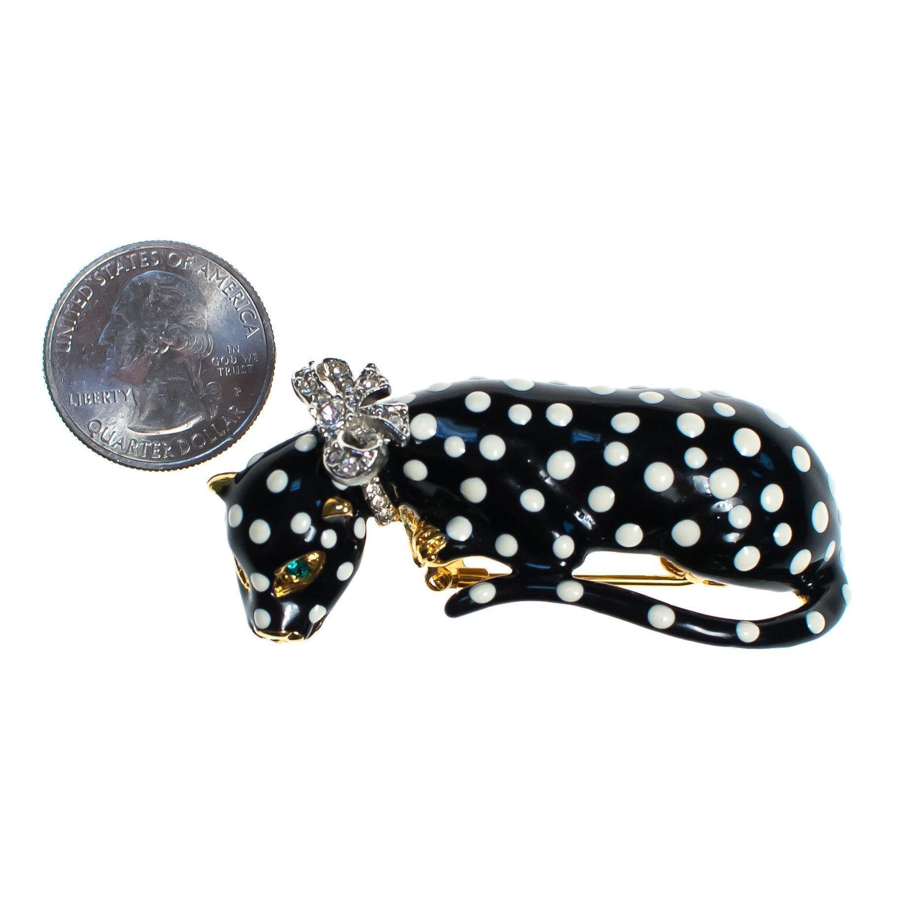 Vintage Kenneth Jay Lane Leopard Brooch, Black with White Spots, Green Rhinestones, Clear Rhinestones, Fur Clip, Dress Clip by Kenneth Jay Lane - Vintage Meet Modern Vintage Jewelry - Chicago, Illinois - #oldhollywoodglamour #vintagemeetmodern #designervintage #jewelrybox #antiquejewelry #vintagejewelry
