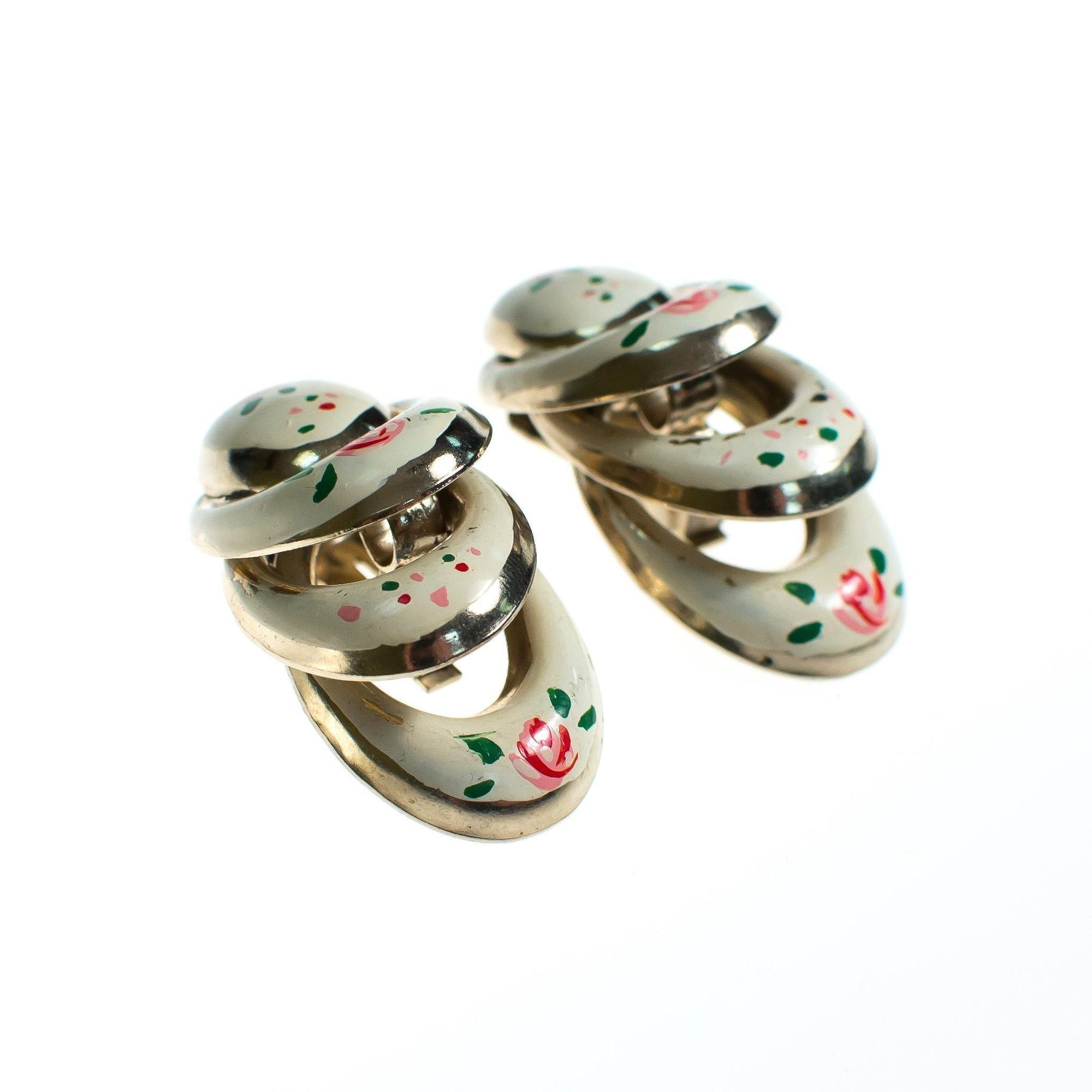 Vintage Hand Painted Pink Flower and White Enamel Dangle Earrings, Silver Tone, Clip-on by 1960s - Vintage Meet Modern Vintage Jewelry - Chicago, Illinois - #oldhollywoodglamour #vintagemeetmodern #designervintage #jewelrybox #antiquejewelry #vintagejewelry