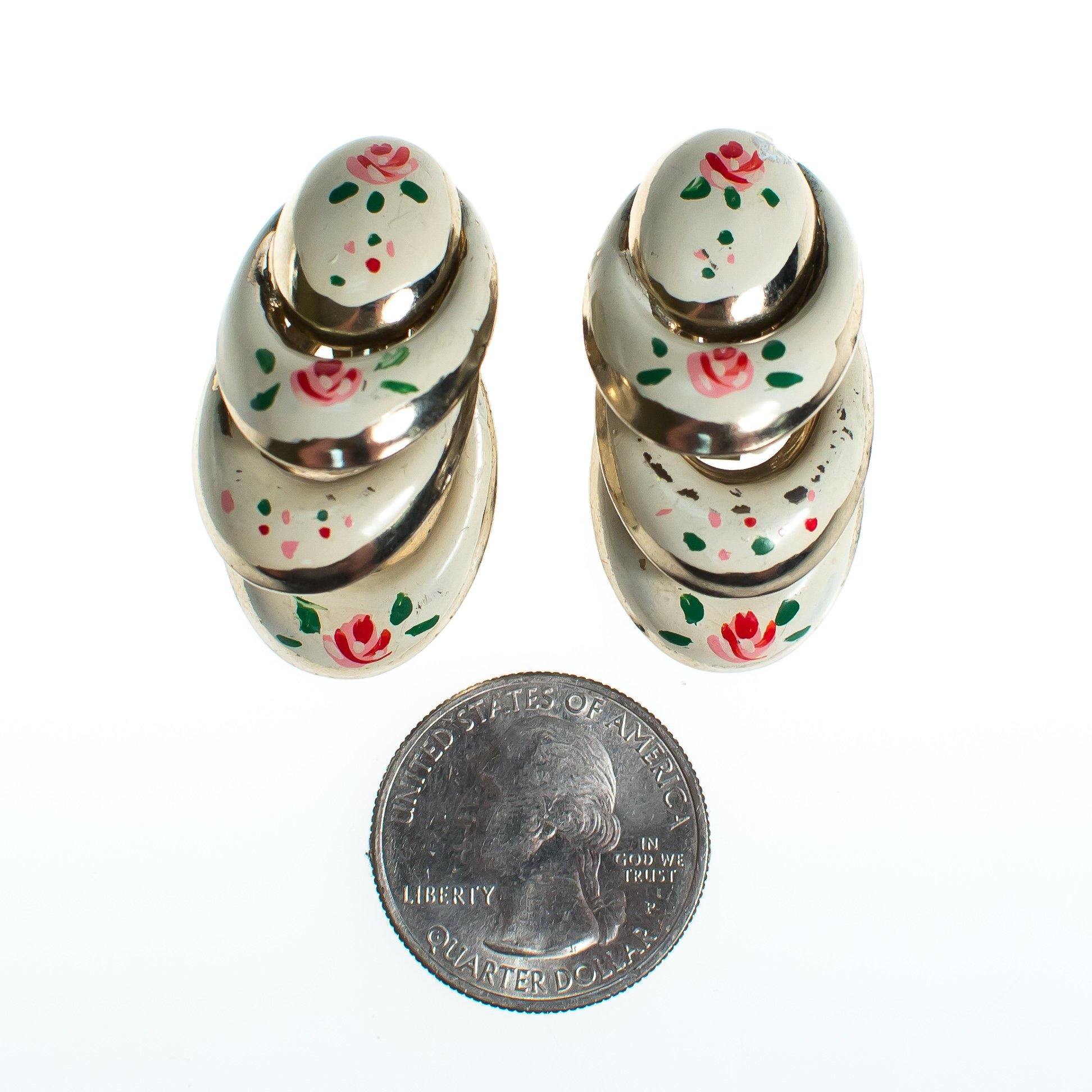 Vintage Hand Painted Pink Flower and White Enamel Dangle Earrings, Silver Tone, Clip-on by 1960s - Vintage Meet Modern Vintage Jewelry - Chicago, Illinois - #oldhollywoodglamour #vintagemeetmodern #designervintage #jewelrybox #antiquejewelry #vintagejewelry