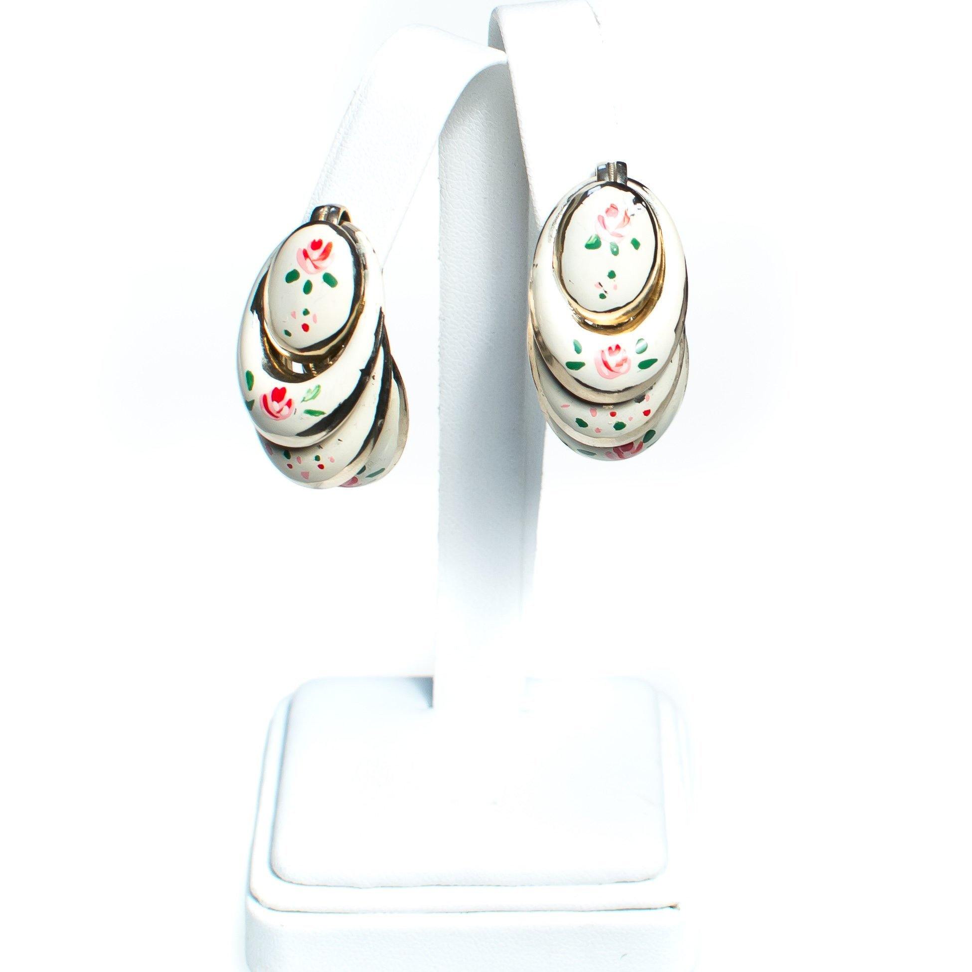 Vintage Hand Painted Pink Flower and White Enamel Dangle Earrings, Silver Tone, Clip-on by 1960s - Vintage Meet Modern Vintage Jewelry - Chicago, Illinois - #oldhollywoodglamour #vintagemeetmodern #designervintage #jewelrybox #antiquejewelry #vintagejewelry