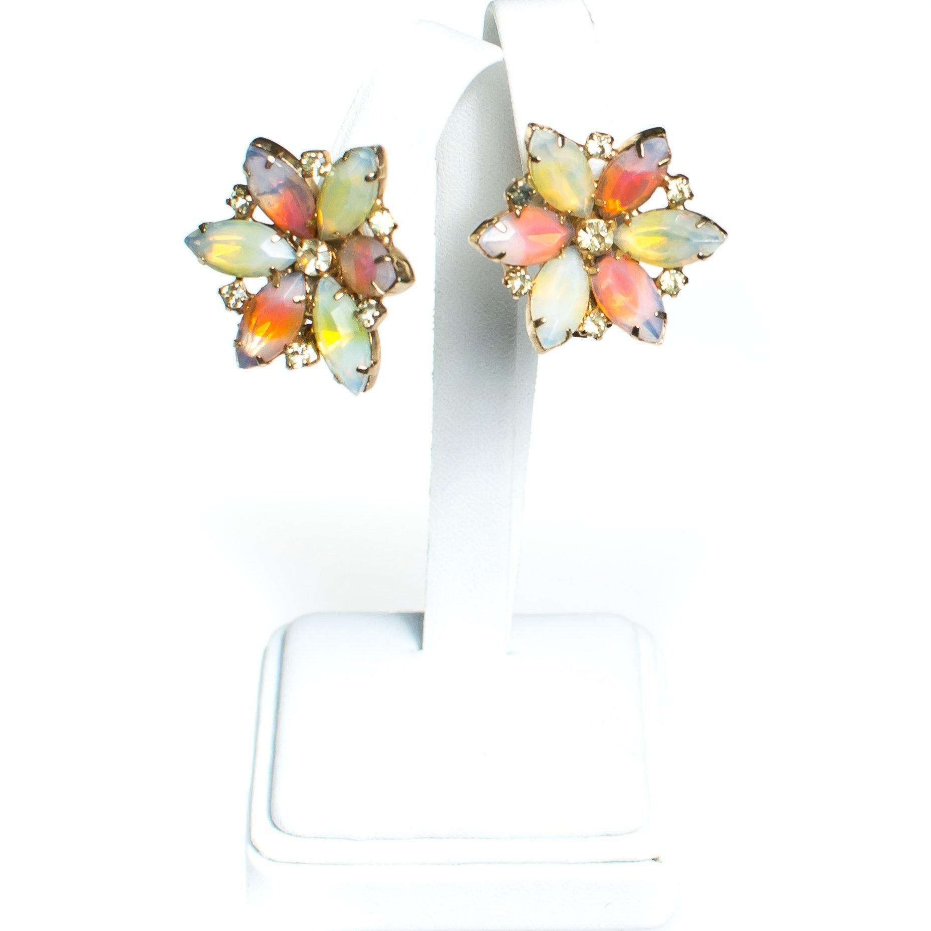 Vintage Kramer Earrings, Pink and Yellow Rhinestones, Diamante Crystals, Gold Tone, Clip-on by Kramer - Vintage Meet Modern Vintage Jewelry - Chicago, Illinois - #oldhollywoodglamour #vintagemeetmodern #designervintage #jewelrybox #antiquejewelry #vintagejewelry