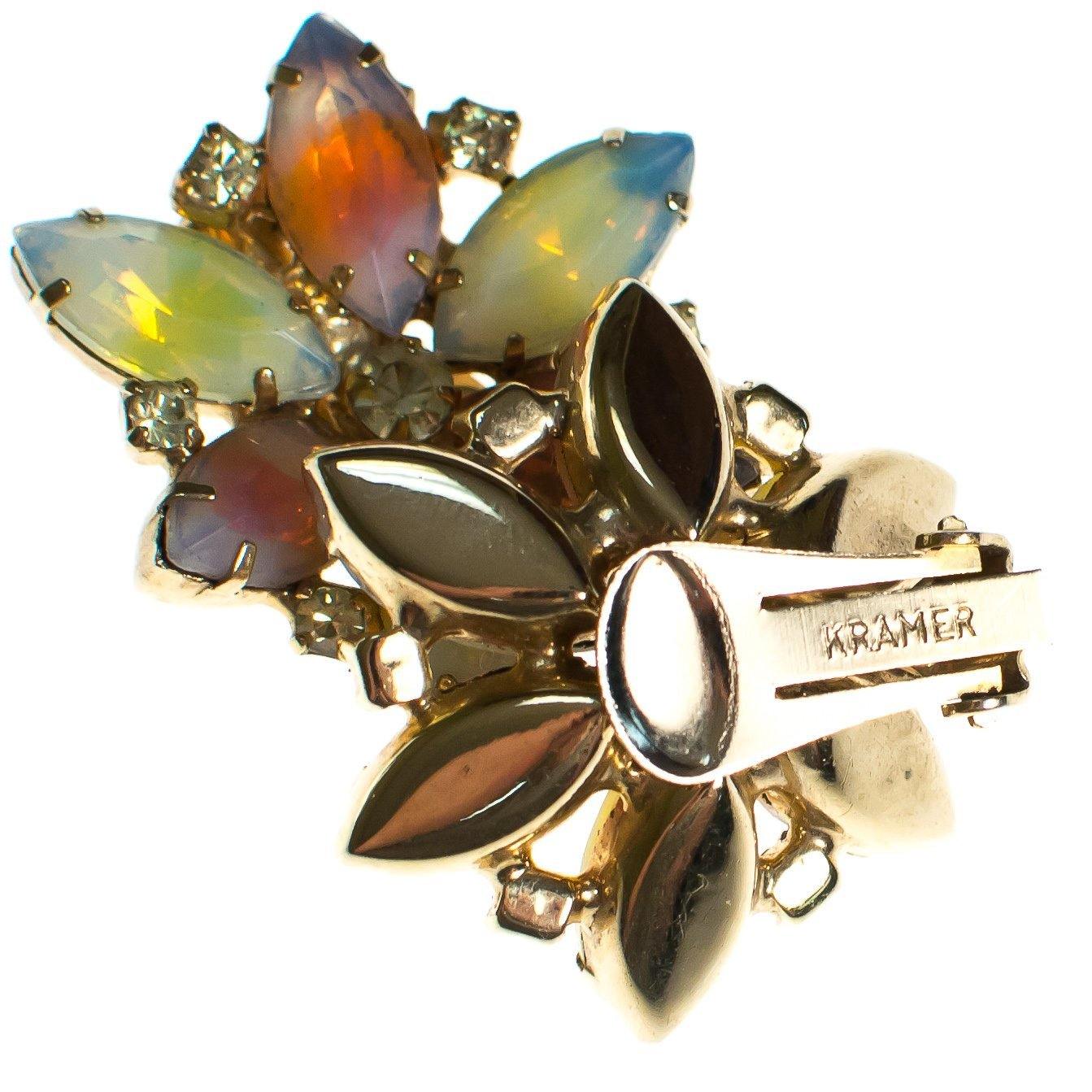 Vintage Kramer Earrings, Pink and Yellow Rhinestones, Diamante Crystals, Gold Tone, Clip-on by Kramer - Vintage Meet Modern Vintage Jewelry - Chicago, Illinois - #oldhollywoodglamour #vintagemeetmodern #designervintage #jewelrybox #antiquejewelry #vintagejewelry