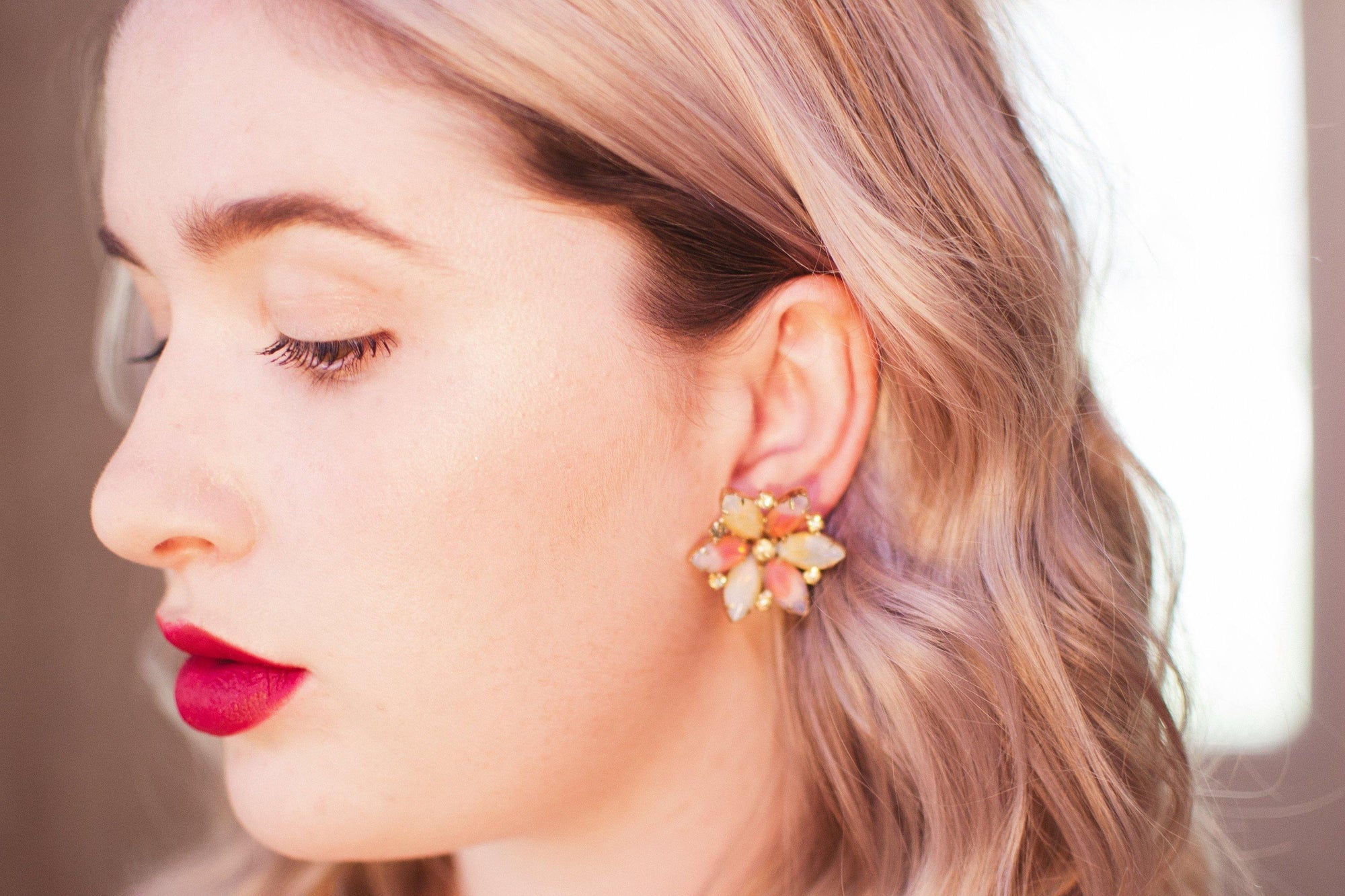 Vintage Kramer Earrings, Pink and Yellow Rhinestones, Diamante Crystals, Gold Tone, Clip-on by Kramer - Vintage Meet Modern Vintage Jewelry - Chicago, Illinois - #oldhollywoodglamour #vintagemeetmodern #designervintage #jewelrybox #antiquejewelry #vintagejewelry