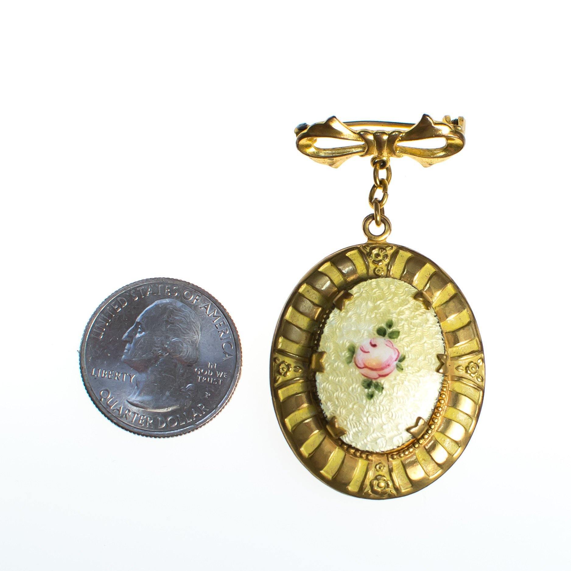 Vintage Guilloche Brooch, Etched Enamel Yellow Pink Rose, Locket, Gold Tone by 1960s - Vintage Meet Modern Vintage Jewelry - Chicago, Illinois - #oldhollywoodglamour #vintagemeetmodern #designervintage #jewelrybox #antiquejewelry #vintagejewelry