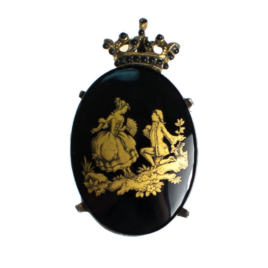 Vintage Victorian Black and Gold Courting Scene with Man and Woman Brooch/Pendant, Gold Tone by 1960s - Vintage Meet Modern Vintage Jewelry - Chicago, Illinois - #oldhollywoodglamour #vintagemeetmodern #designervintage #jewelrybox #antiquejewelry #vintagejewelry