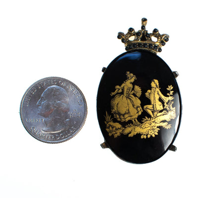 Vintage Victorian Black and Gold Courting Scene with Man and Woman Brooch/Pendant, Gold Tone by 1960s - Vintage Meet Modern Vintage Jewelry - Chicago, Illinois - #oldhollywoodglamour #vintagemeetmodern #designervintage #jewelrybox #antiquejewelry #vintagejewelry