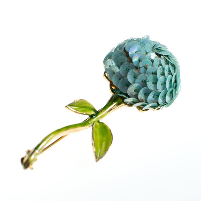 Vintage Flower Brooch, Light Blue Sequin Flower, Green Hand Painted Stem, Gold Tone, Brooches and Pins by 1950s - Vintage Meet Modern Vintage Jewelry - Chicago, Illinois - #oldhollywoodglamour #vintagemeetmodern #designervintage #jewelrybox #antiquejewelry #vintagejewelry