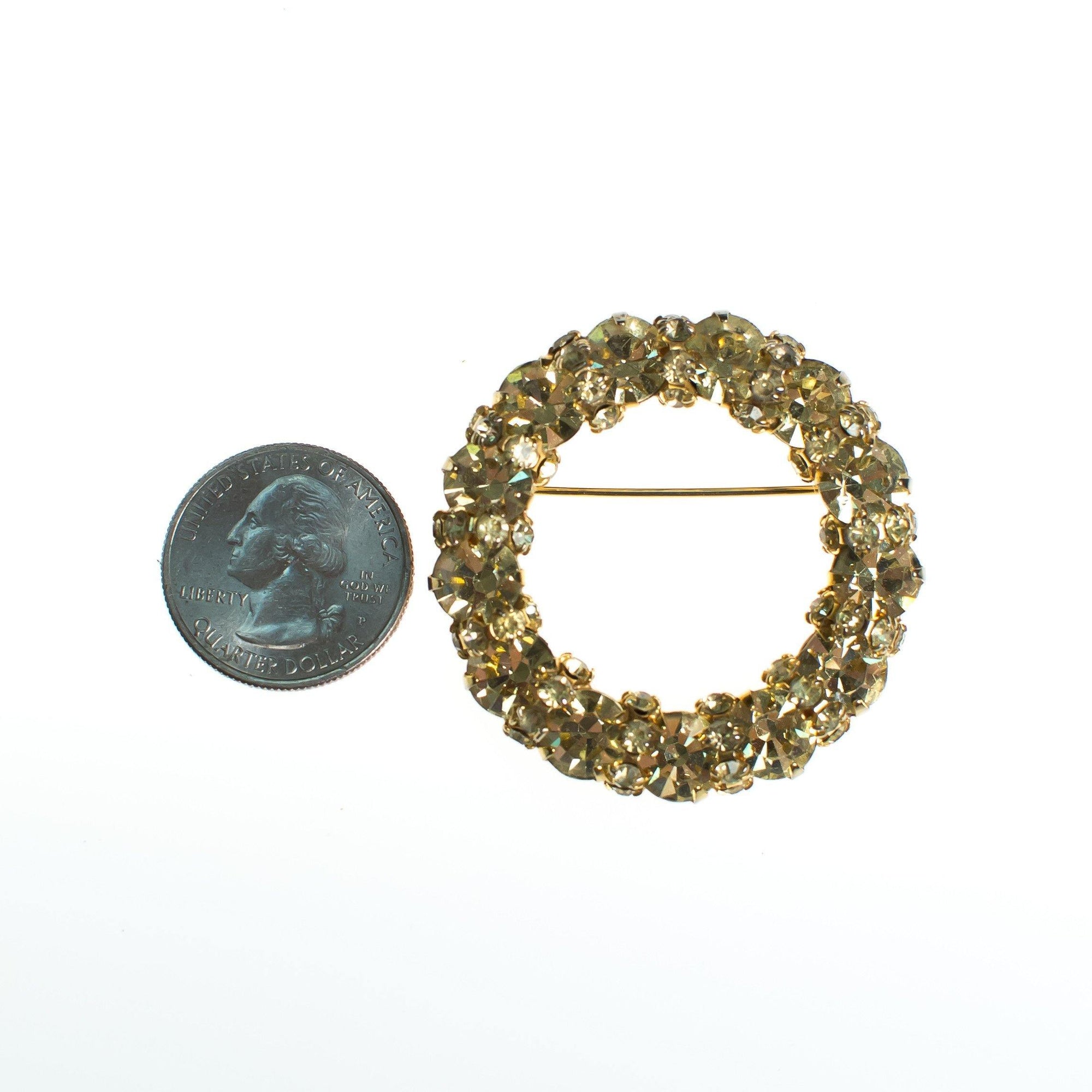 Vintage Lemon Citrine Diamante Crystal Brooch, Round Setting Brooch/Pin, Gold Tone, Brooches and Pins by 1950s - Vintage Meet Modern Vintage Jewelry - Chicago, Illinois - #oldhollywoodglamour #vintagemeetmodern #designervintage #jewelrybox #antiquejewelry #vintagejewelry