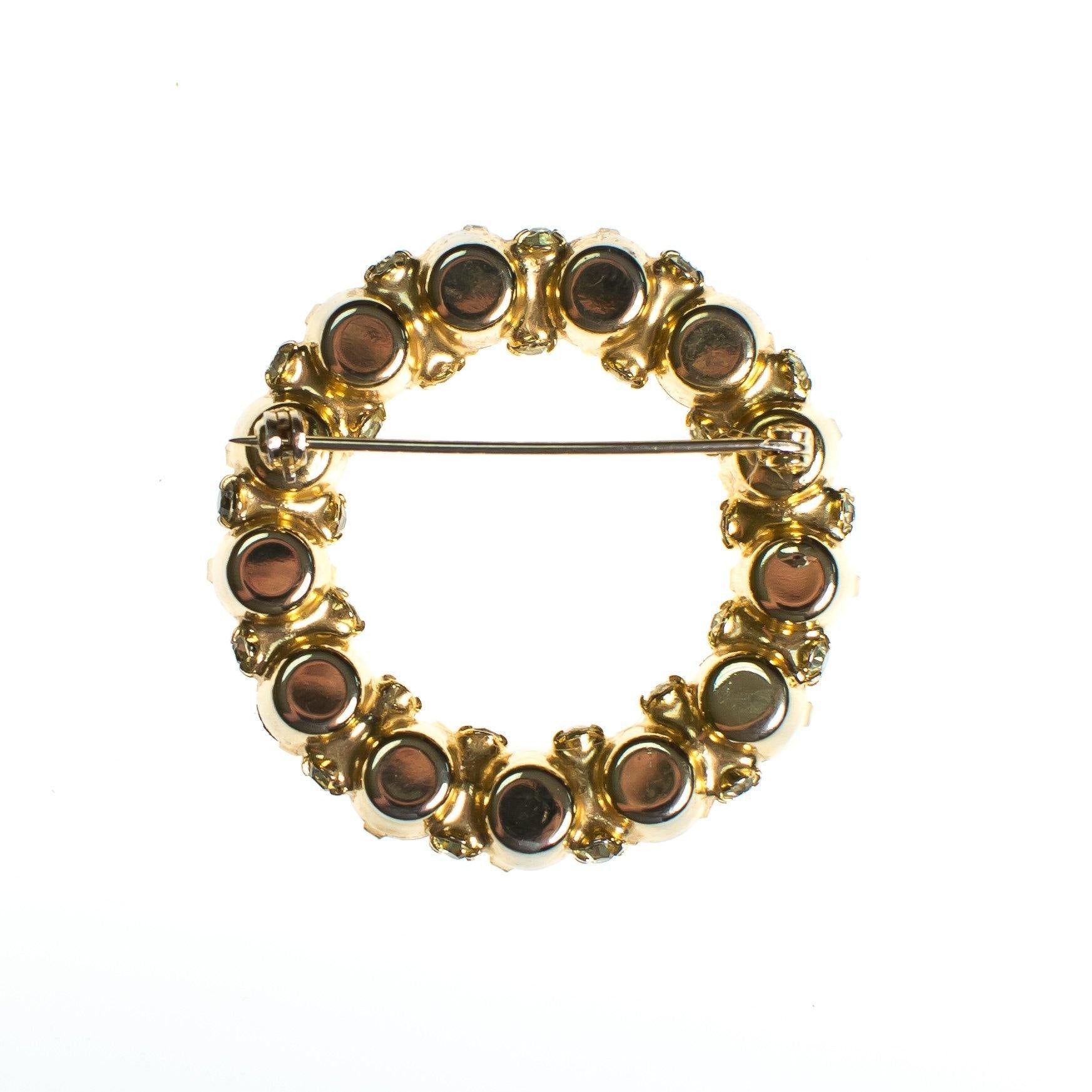 Vintage Lemon Citrine Diamante Crystal Brooch, Round Setting Brooch/Pin, Gold Tone, Brooches and Pins by 1950s - Vintage Meet Modern Vintage Jewelry - Chicago, Illinois - #oldhollywoodglamour #vintagemeetmodern #designervintage #jewelrybox #antiquejewelry #vintagejewelry