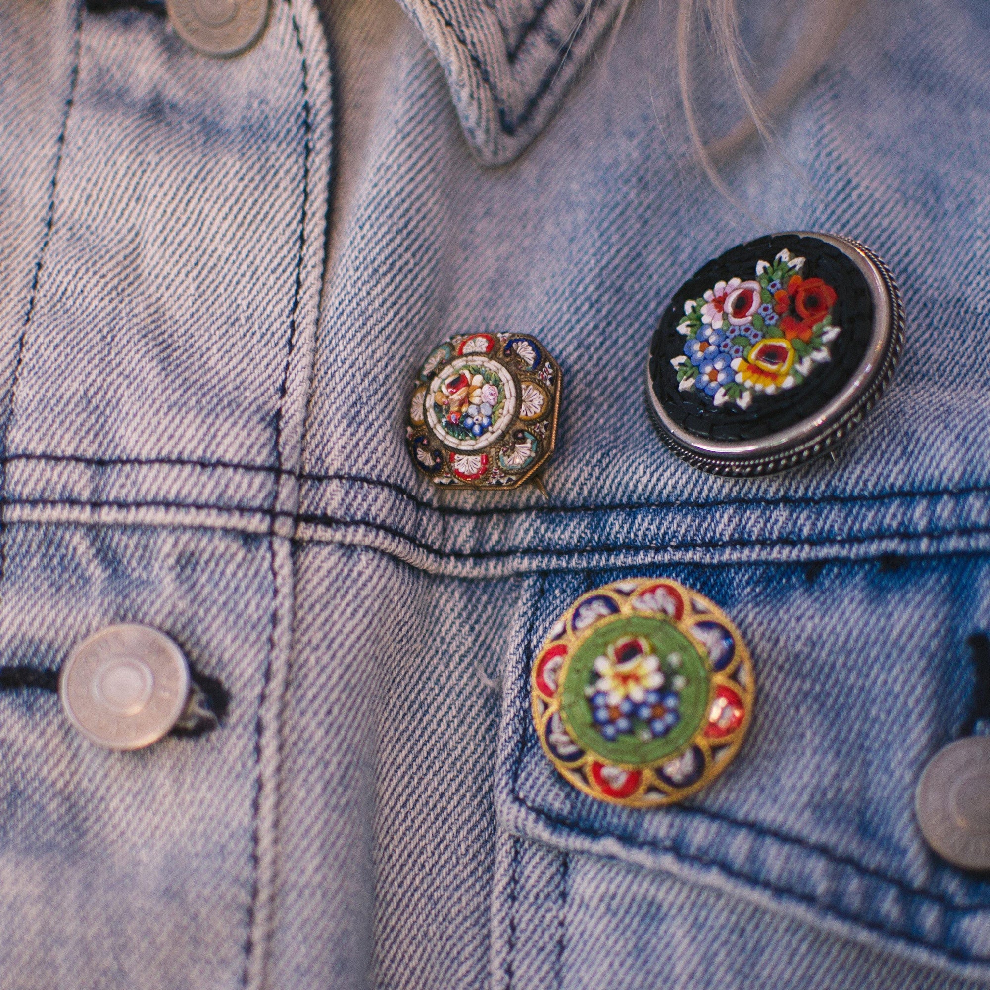 Vintage Round Mosaic Flower Brooch, Made in Italy, Red, Yellow, Green, Blue, and White Flower Mosaic, Gold Tone Setting, Brooches and Pins by Made in Italy - Vintage Meet Modern Vintage Jewelry - Chicago, Illinois - #oldhollywoodglamour #vintagemeetmodern #designervintage #jewelrybox #antiquejewelry #vintagejewelry