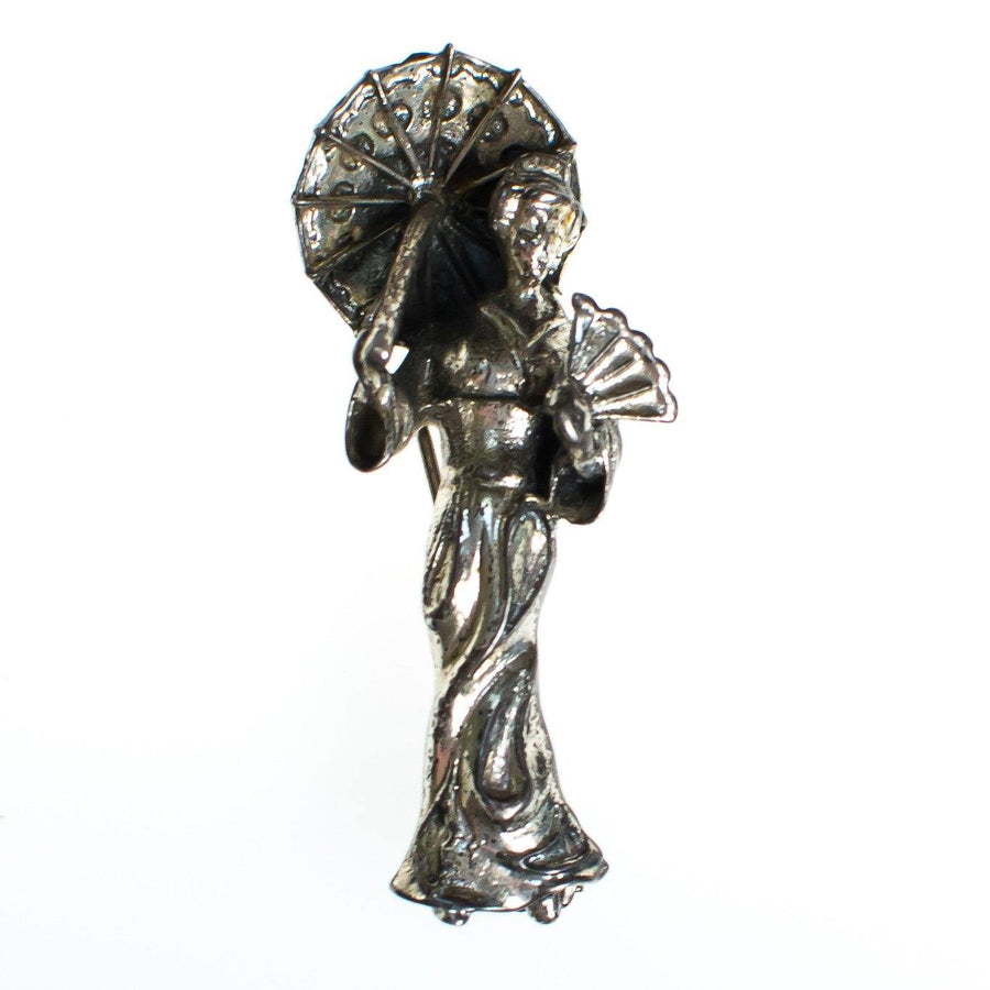 Vintage Sterling Silver Geisha with Parasol  Umbrella Brooch, Asian Woman, Fan and Umbrella, Brooches and Pins by Sterling Silver - Vintage Meet Modern Vintage Jewelry - Chicago, Illinois - #oldhollywoodglamour #vintagemeetmodern #designervintage #jewelrybox #antiquejewelry #vintagejewelry