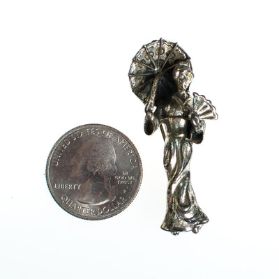 Vintage Sterling Silver Geisha with Parasol  Umbrella Brooch, Asian Woman, Fan and Umbrella, Brooches and Pins by Sterling Silver - Vintage Meet Modern Vintage Jewelry - Chicago, Illinois - #oldhollywoodglamour #vintagemeetmodern #designervintage #jewelrybox #antiquejewelry #vintagejewelry