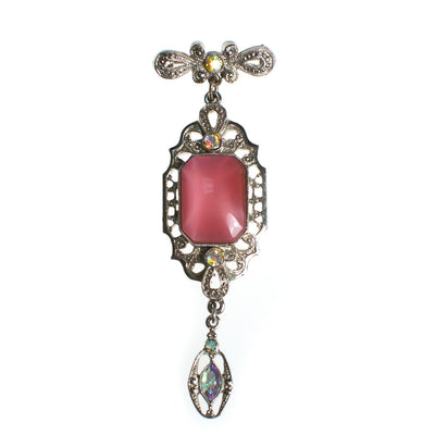 Vintage Victorian Revival Pink Dangling Charm Brooch in Silver Tone by 1980s - Vintage Meet Modern Vintage Jewelry - Chicago, Illinois - #oldhollywoodglamour #vintagemeetmodern #designervintage #jewelrybox #antiquejewelry #vintagejewelry