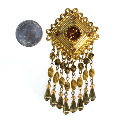 Vintage Gold Tassel Brooch, Amber Crystal Rhinestones, Gold Tone Beads, Brooches and Pins by 1980s - Vintage Meet Modern Vintage Jewelry - Chicago, Illinois - #oldhollywoodglamour #vintagemeetmodern #designervintage #jewelrybox #antiquejewelry #vintagejewelry