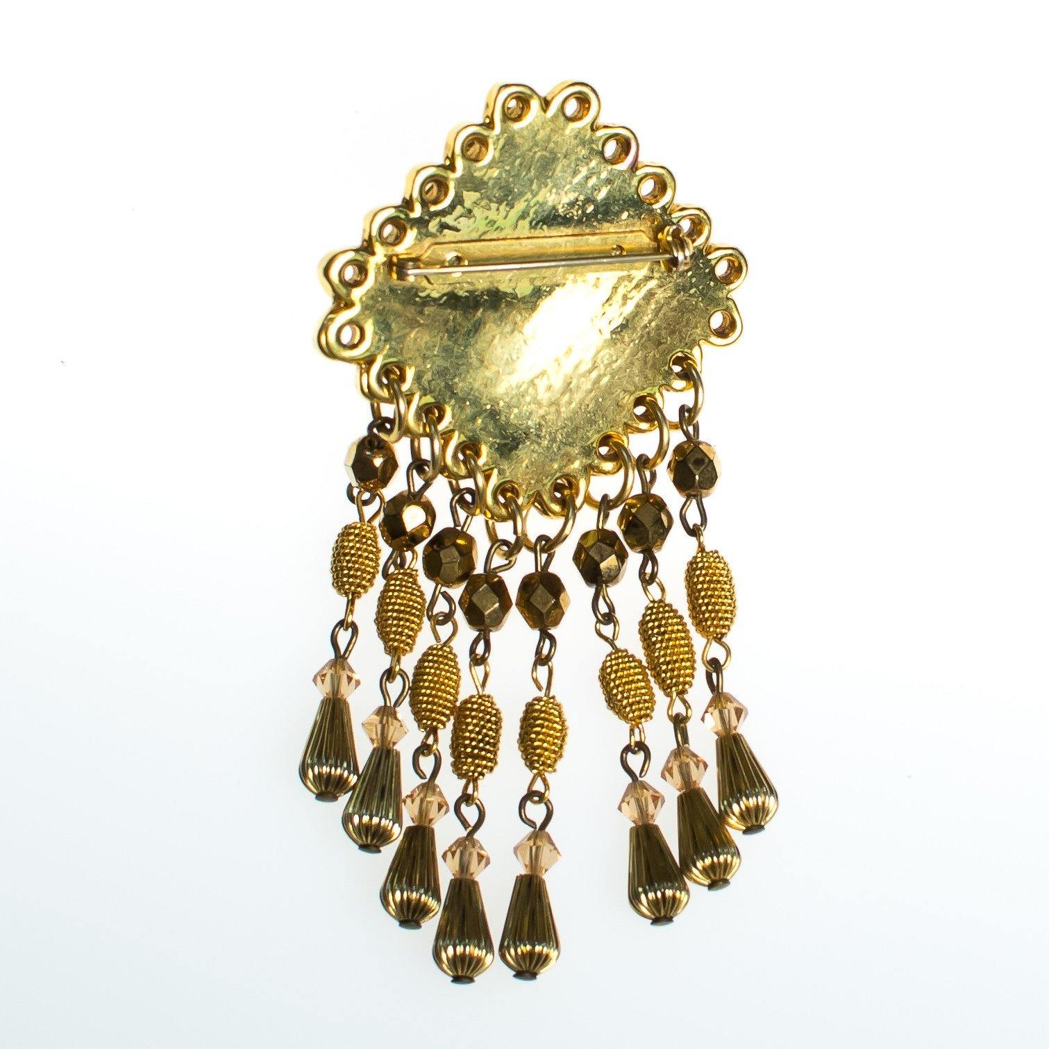 Vintage Gold Tassel Brooch, Amber Crystal Rhinestones, Gold Tone Beads, Brooches and Pins by 1980s - Vintage Meet Modern Vintage Jewelry - Chicago, Illinois - #oldhollywoodglamour #vintagemeetmodern #designervintage #jewelrybox #antiquejewelry #vintagejewelry