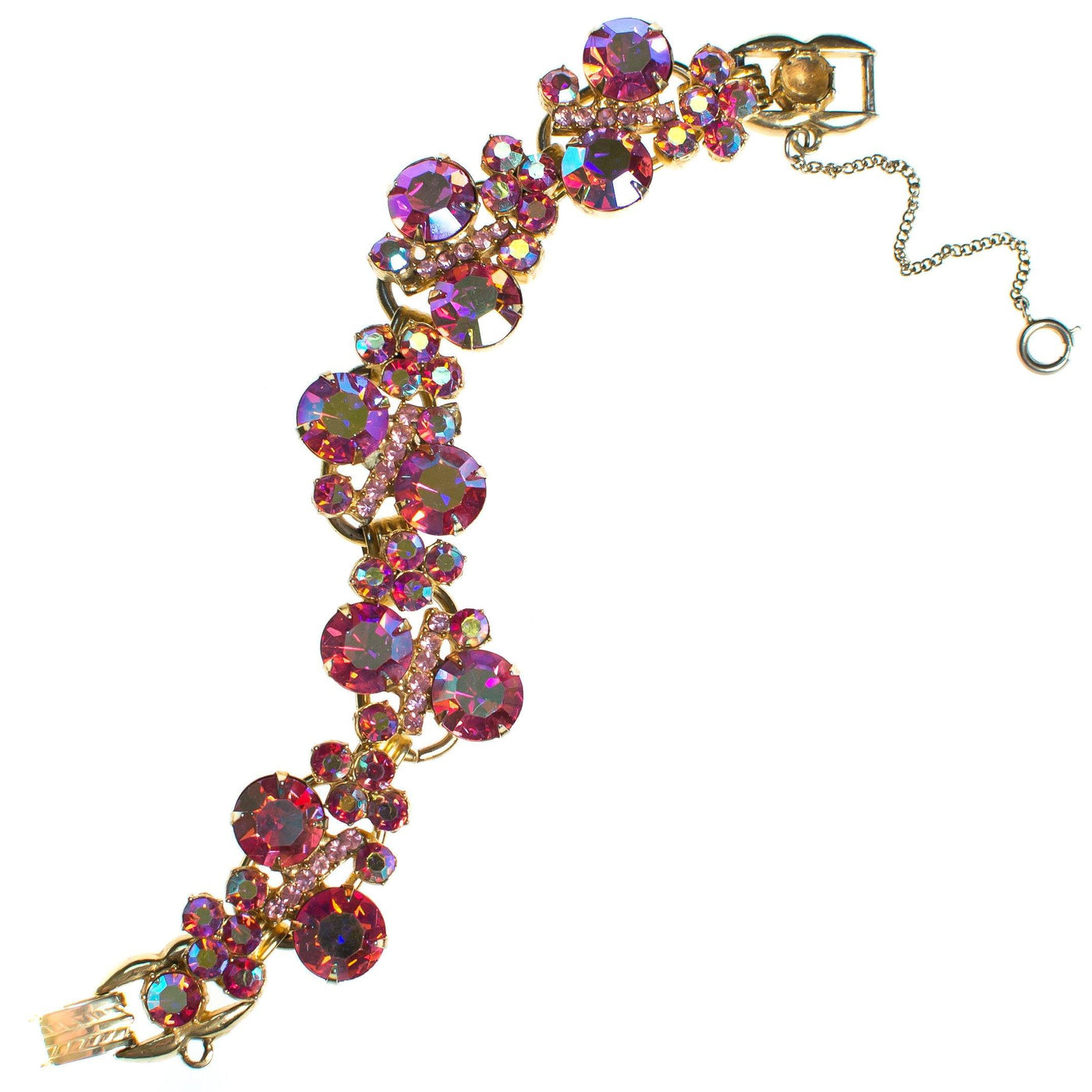 Vintage Juliana Pink Rhinestone Bracelet, Gold Tone Bracelet, Fold Over Box Clasp, Safety Clasp