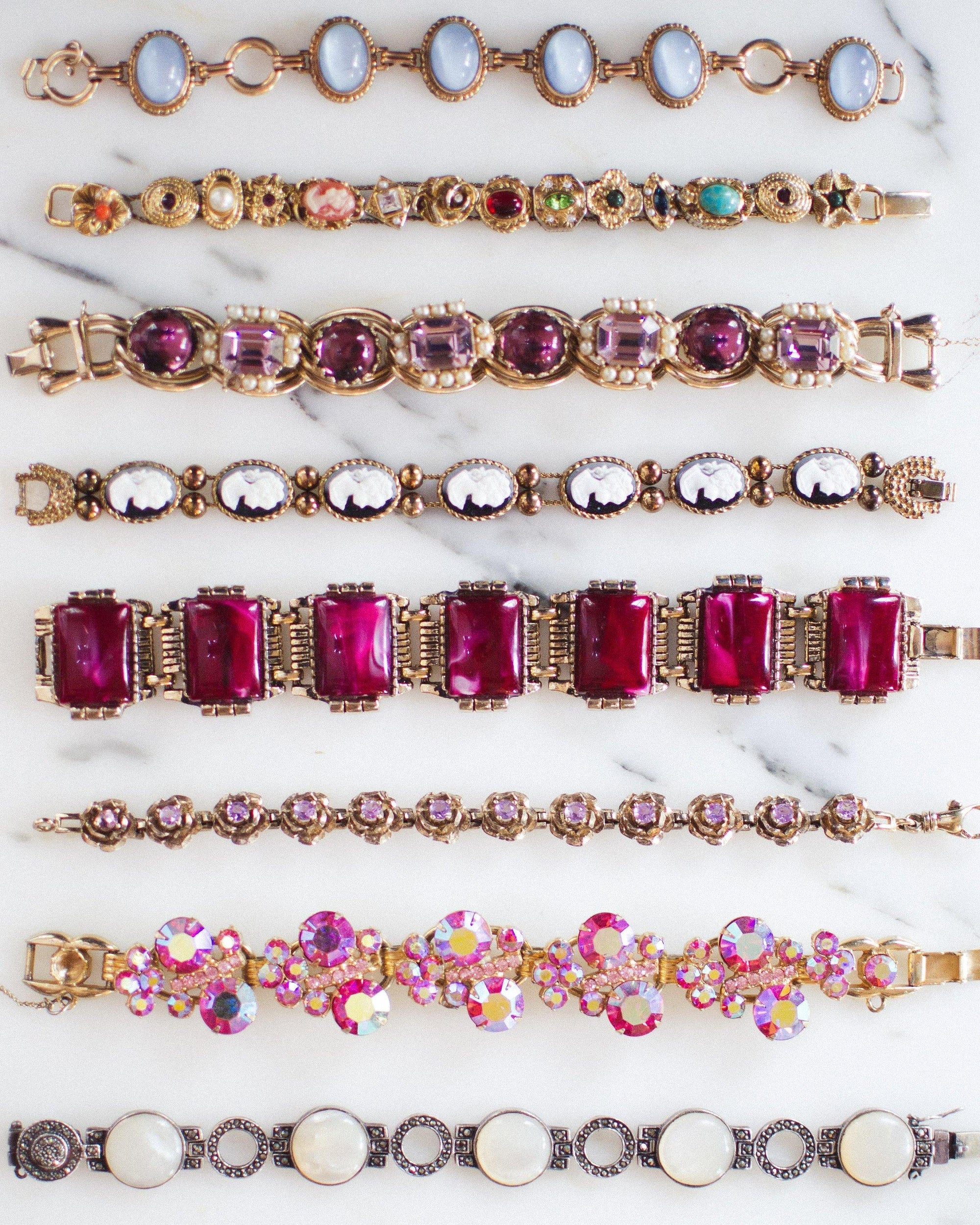 Vintage Juliana Pink Rhinestone Bracelet, Gold Tone Bracelet, Fold Over Box Clasp, Safety Clasp by Juliana - Vintage Meet Modern Vintage Jewelry - Chicago, Illinois - #oldhollywoodglamour #vintagemeetmodern #designervintage #jewelrybox #antiquejewelry #vintagejewelry