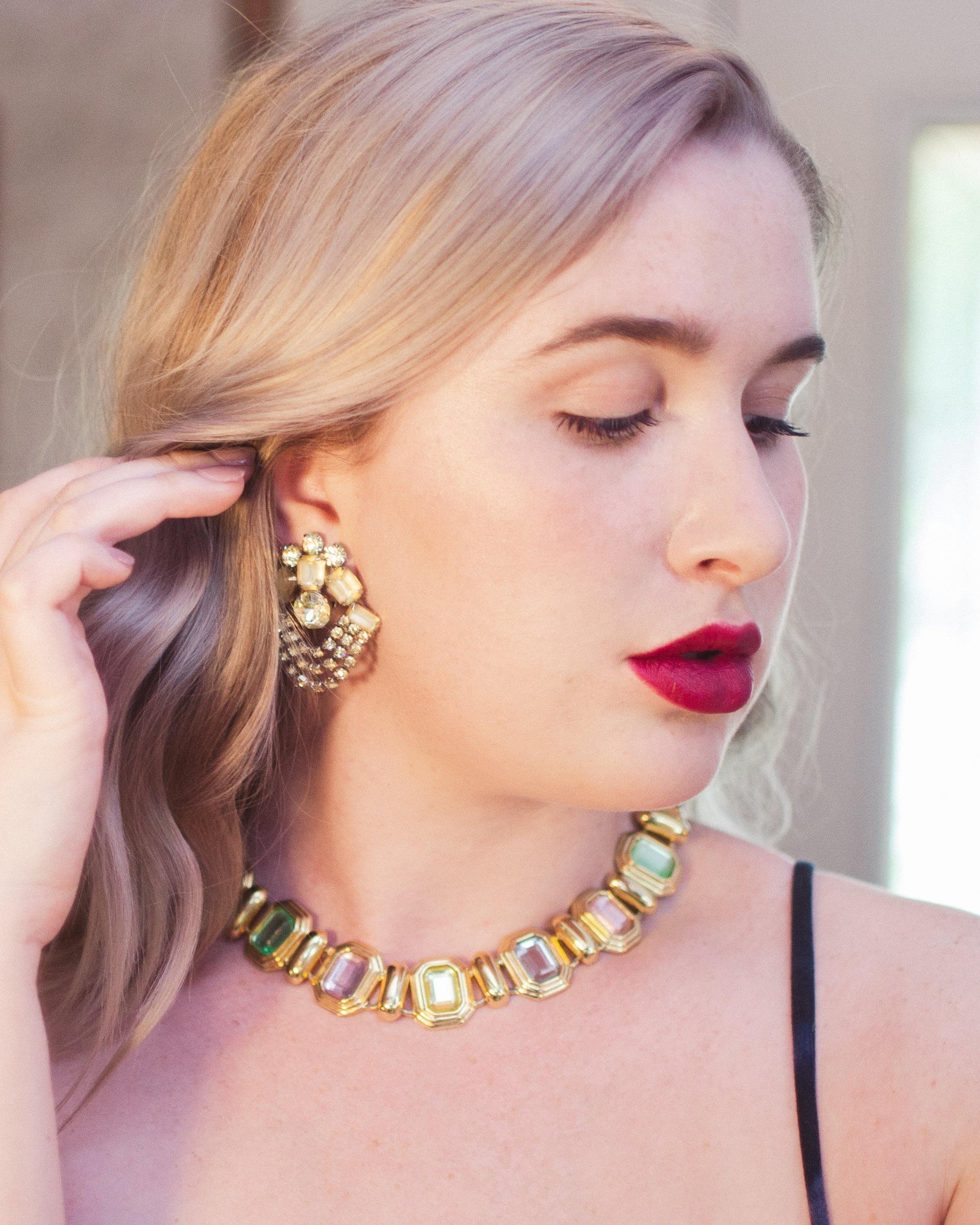 Vintage Pastel Crystal Gold Tone Necklace, Green, Pink, Yellow, and Blue Rhinestones, Slide Lock Clasp by 1980s - Vintage Meet Modern Vintage Jewelry - Chicago, Illinois - #oldhollywoodglamour #vintagemeetmodern #designervintage #jewelrybox #antiquejewelry #vintagejewelry