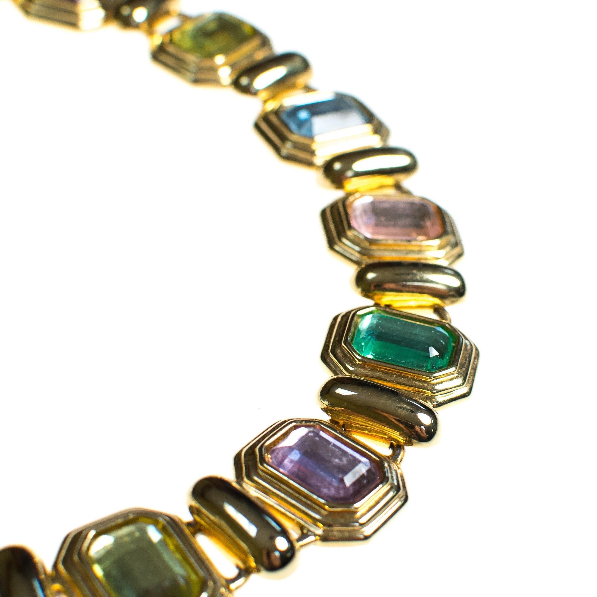 Vintage Pastel Crystal Gold Tone Necklace, Green, Pink, Yellow, and Blue Rhinestones, Slide Lock Clasp by 1980s - Vintage Meet Modern Vintage Jewelry - Chicago, Illinois - #oldhollywoodglamour #vintagemeetmodern #designervintage #jewelrybox #antiquejewelry #vintagejewelry