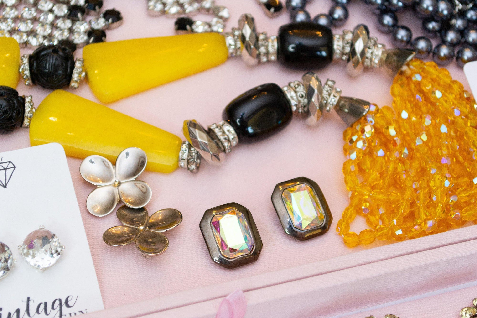Vintage Artisan One of a Kind Yellow Jadeite Black Onyx Yellow Aurora Borealis Statement Necklace by Artisan - Vintage Meet Modern Vintage Jewelry - Chicago, Illinois - #oldhollywoodglamour #vintagemeetmodern #designervintage #jewelrybox #antiquejewelry #vintagejewelry