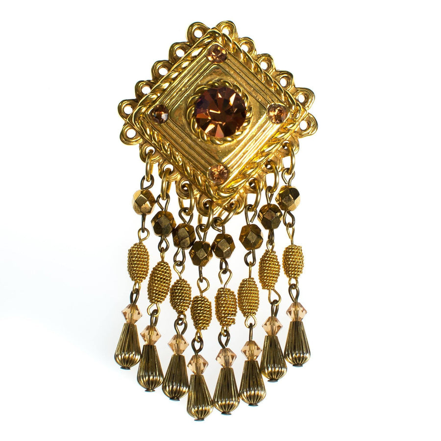 Vintage Gold Tassel Brooch, Amber Crystal Rhinestones, Gold Tone Beads, Brooches and Pins by 1980s - Vintage Meet Modern Vintage Jewelry - Chicago, Illinois - #oldhollywoodglamour #vintagemeetmodern #designervintage #jewelrybox #antiquejewelry #vintagejewelry