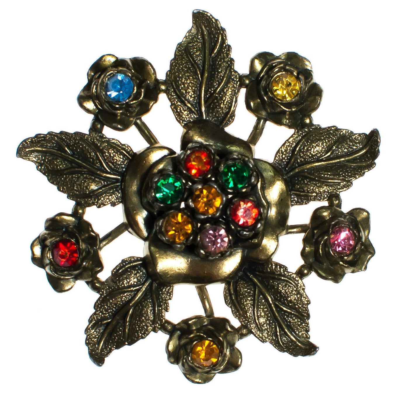 Vintage Little Nemo Floral Brooch with Colorful Rainbow Rhinestones, Gold Tone Setting, Brooches and Pins