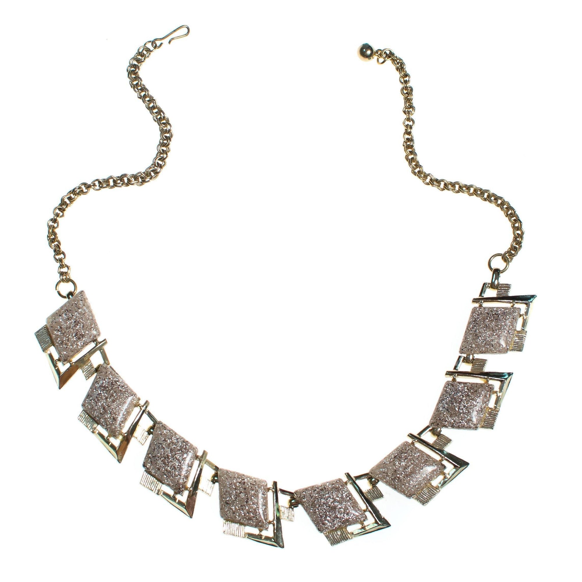 Vintage Glitter Lucite  Necklace, Gold, Silver, and Clear Lucite Gemstones, Fish Hook Clasp by Lucite - Vintage Meet Modern Vintage Jewelry - Chicago, Illinois - #oldhollywoodglamour #vintagemeetmodern #designervintage #jewelrybox #antiquejewelry #vintagejewelry
