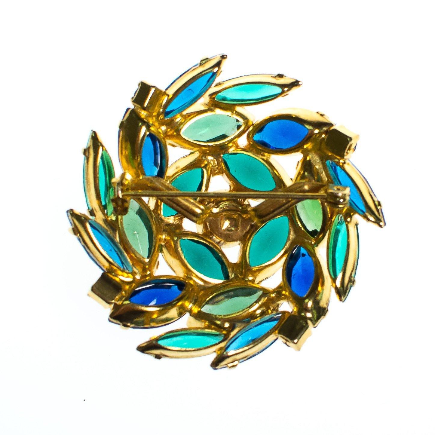 Vintage Blue Rhinestones, Green Rhinestones Brooch, Gold Tone Setting,. Brooches and Pins by 1950s - Vintage Meet Modern Vintage Jewelry - Chicago, Illinois - #oldhollywoodglamour #vintagemeetmodern #designervintage #jewelrybox #antiquejewelry #vintagejewelry