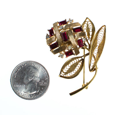 Vintage 1940s Red Rhinestone Flower Brooch, Pin, Clear Rhinestones, Gold Tone Setting, Brooches and Pins by 1940s - Vintage Meet Modern Vintage Jewelry - Chicago, Illinois - #oldhollywoodglamour #vintagemeetmodern #designervintage #jewelrybox #antiquejewelry #vintagejewelry