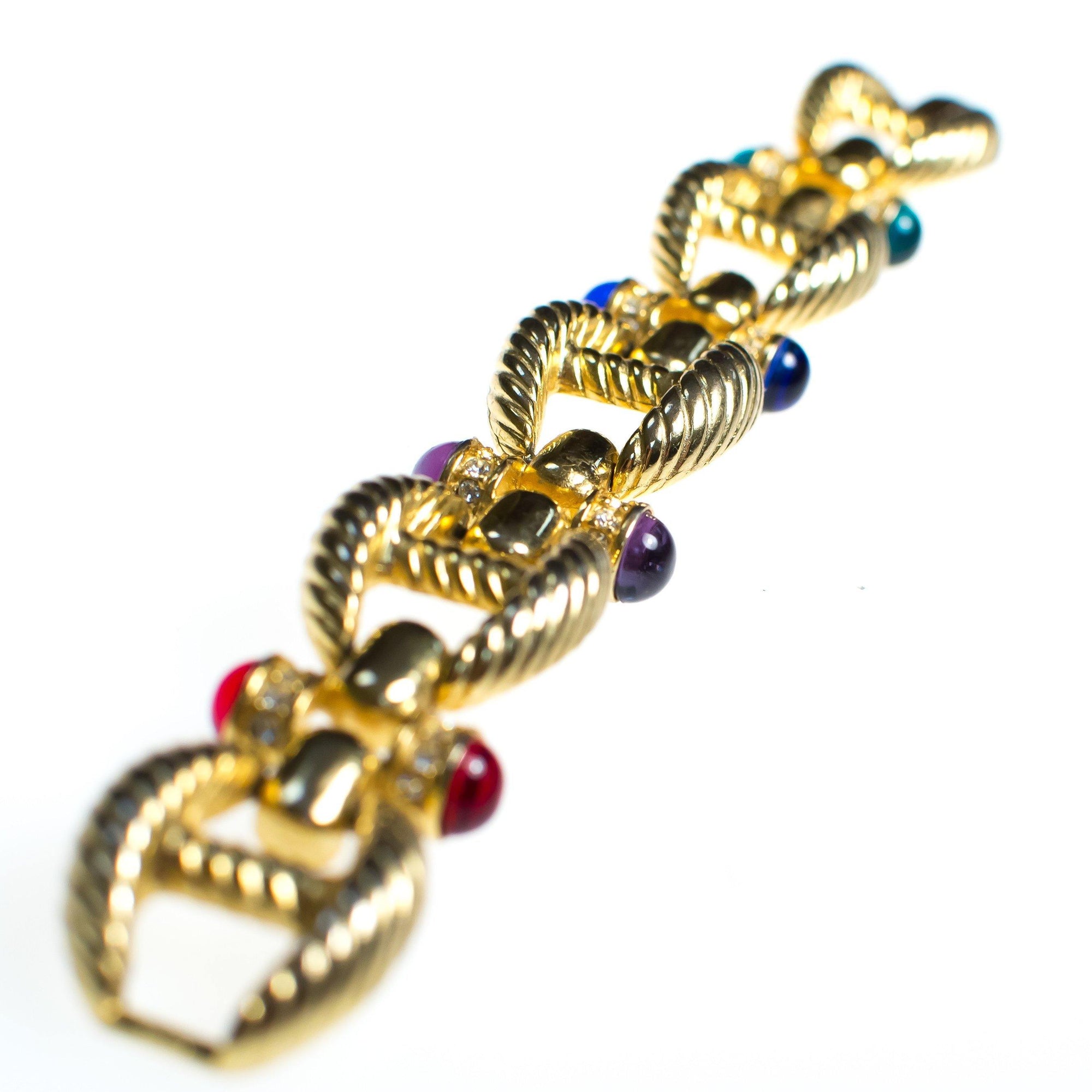 Vintage Gold Cable Bracelet with Red, Purple, Blue, and Green Cabochon Lucite Gems, Gold Tone Setting, Snap Lock Clasp by 1980s - Vintage Meet Modern Vintage Jewelry - Chicago, Illinois - #oldhollywoodglamour #vintagemeetmodern #designervintage #jewelrybox #antiquejewelry #vintagejewelry