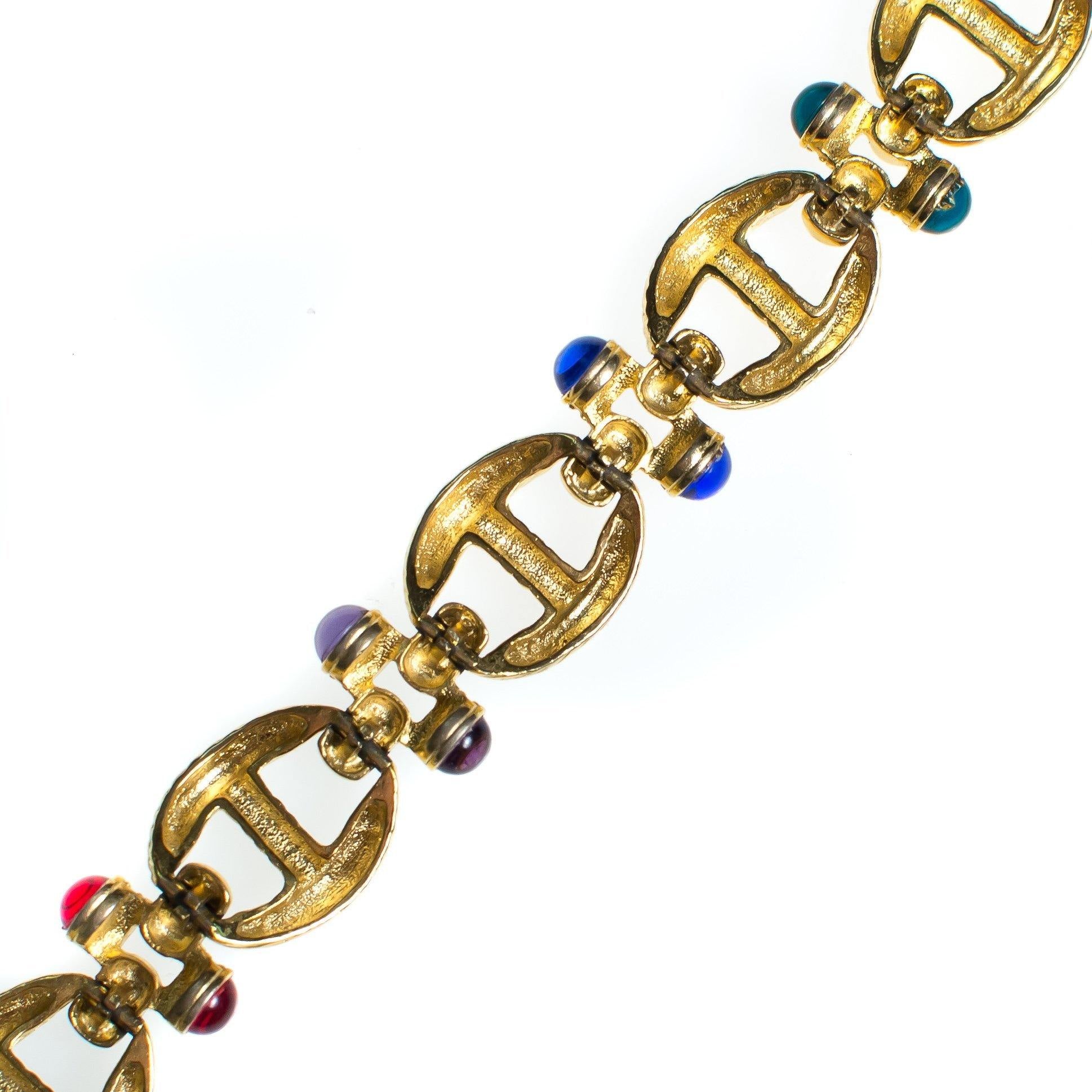 Vintage Gold Cable Bracelet with Red, Purple, Blue, and Green Cabochon Lucite Gems, Gold Tone Setting, Snap Lock Clasp by 1980s - Vintage Meet Modern Vintage Jewelry - Chicago, Illinois - #oldhollywoodglamour #vintagemeetmodern #designervintage #jewelrybox #antiquejewelry #vintagejewelry