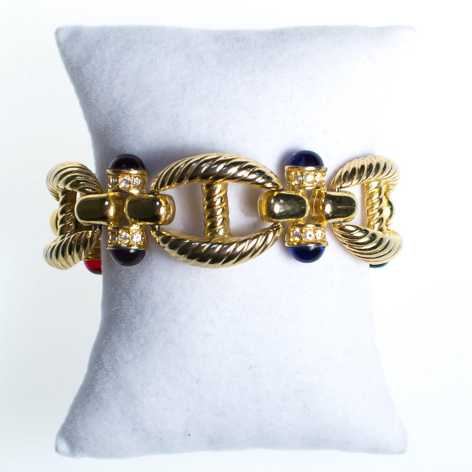 Vintage Gold Cable Bracelet with Red, Purple, Blue, and Green Cabochon Lucite Gems, Gold Tone Setting, Snap Lock Clasp by 1980s - Vintage Meet Modern Vintage Jewelry - Chicago, Illinois - #oldhollywoodglamour #vintagemeetmodern #designervintage #jewelrybox #antiquejewelry #vintagejewelry